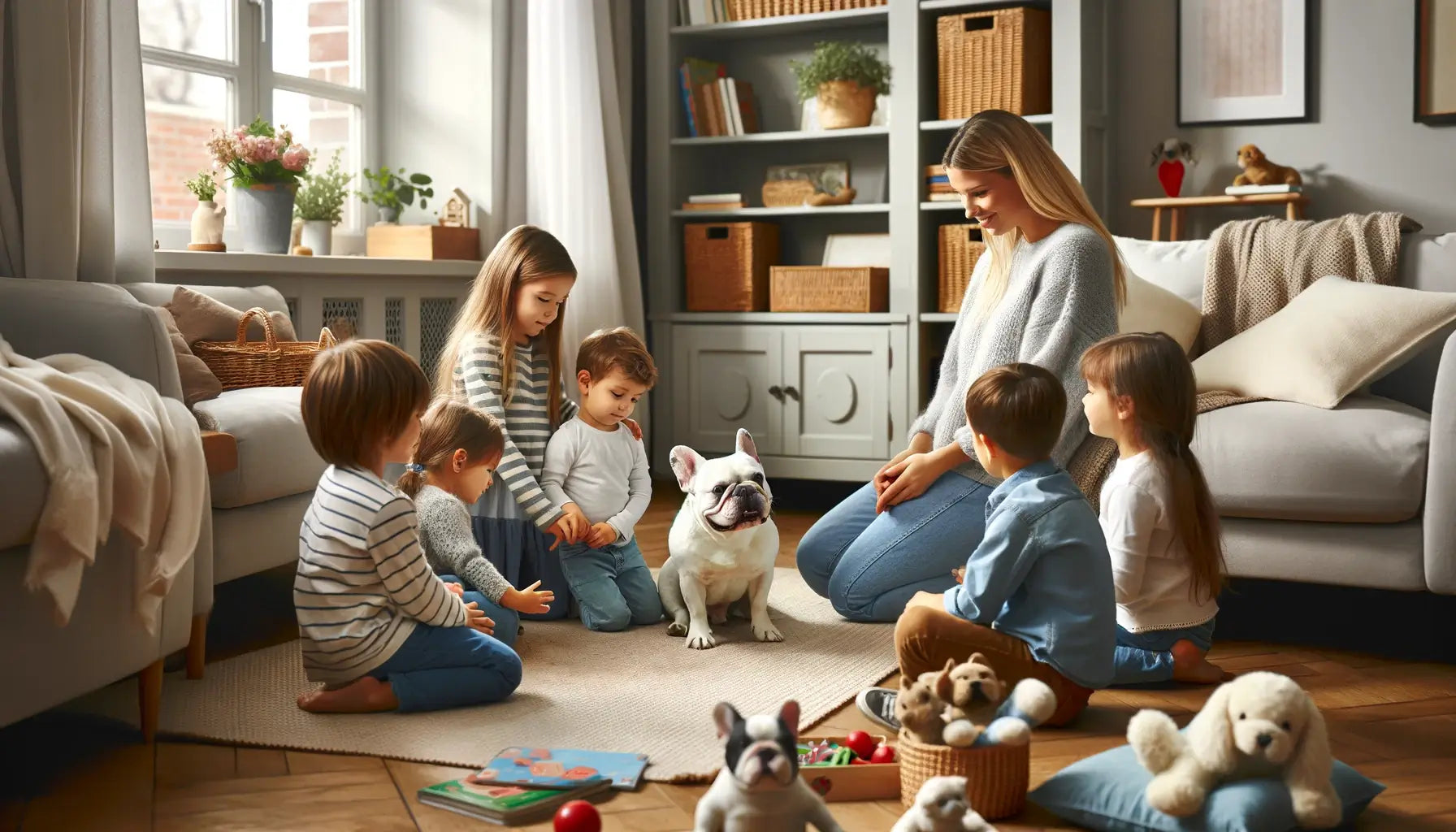 White French Bulldog in a family environment, interacting gently with children and adults in a cozy living room.