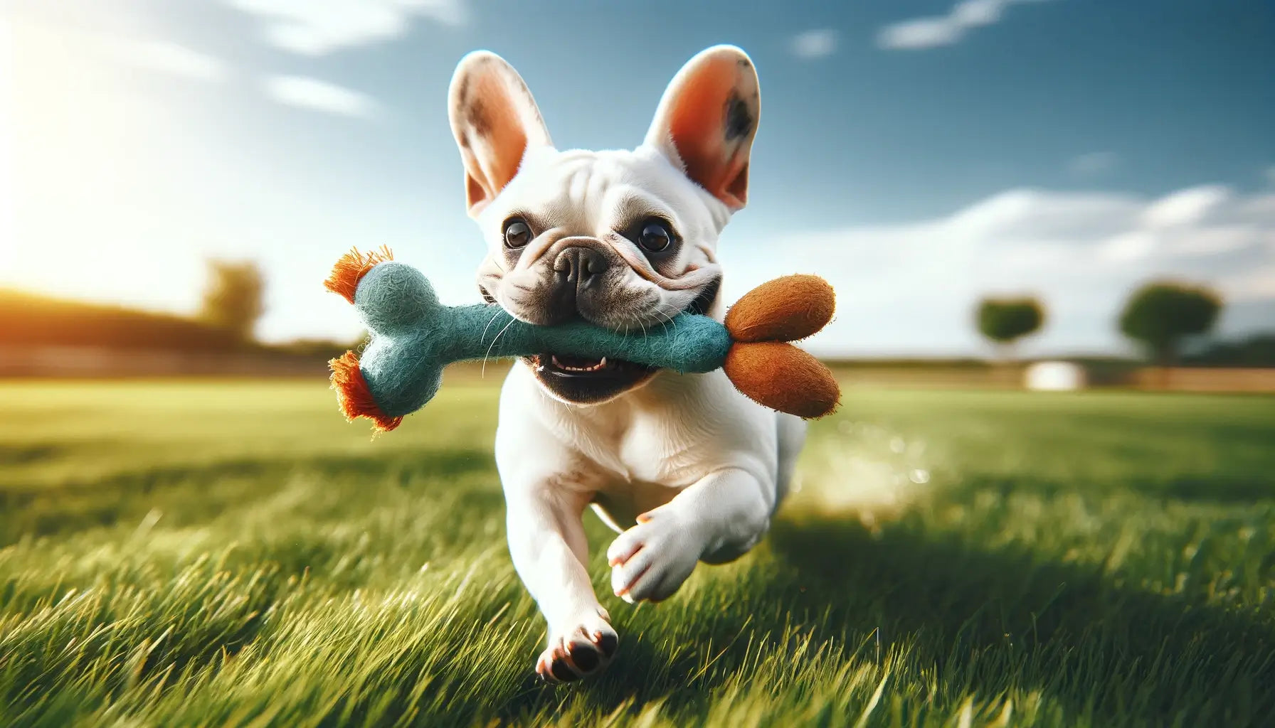 White French Bulldog in motion, running through grass with a toy in its mouth.