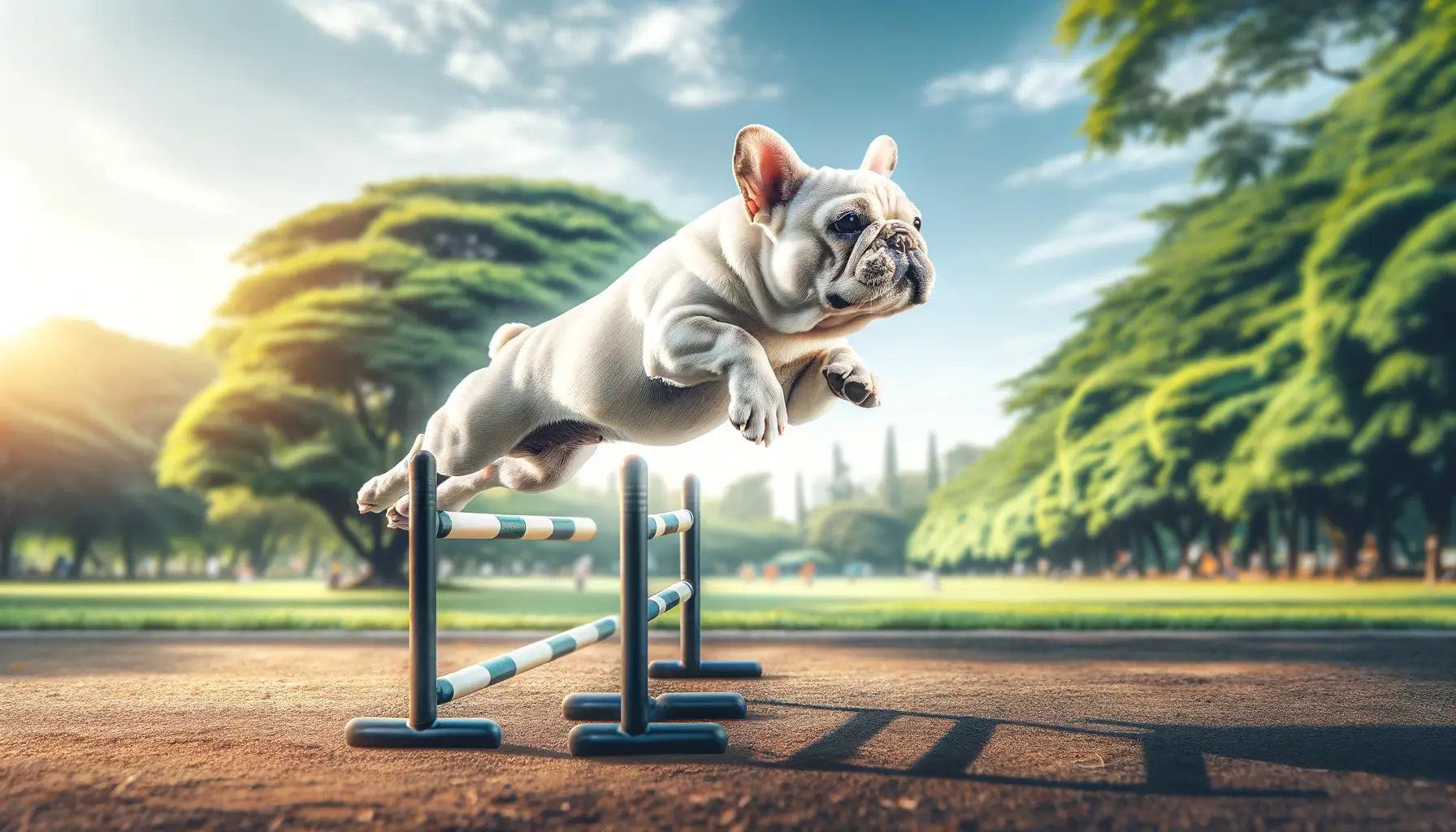 White French Bulldog leaping over a hurdle in a park.