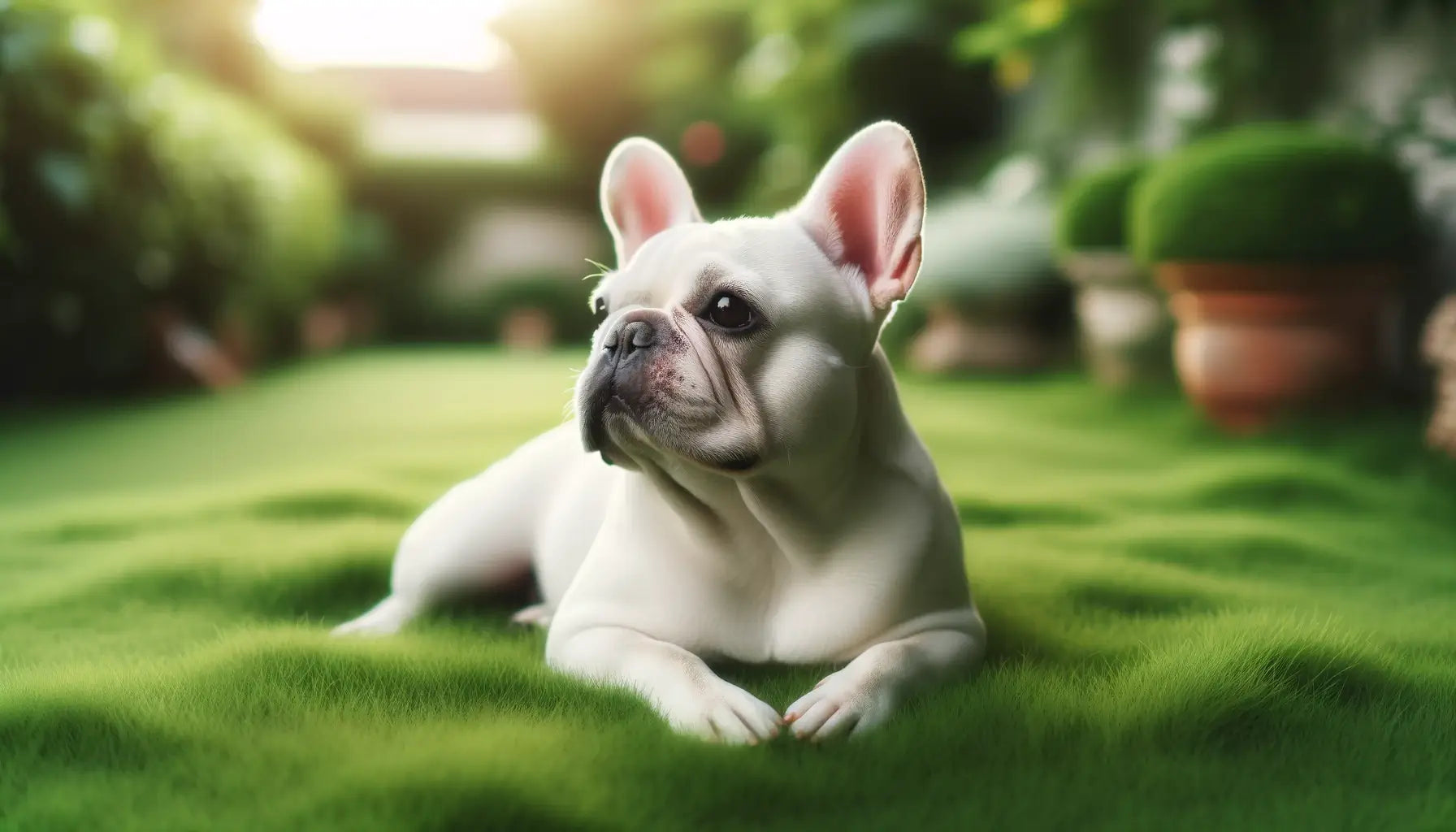 White French Bulldog lying on grass, its gaze directed towards the distance, reflecting a gentle and affectionate nature.
