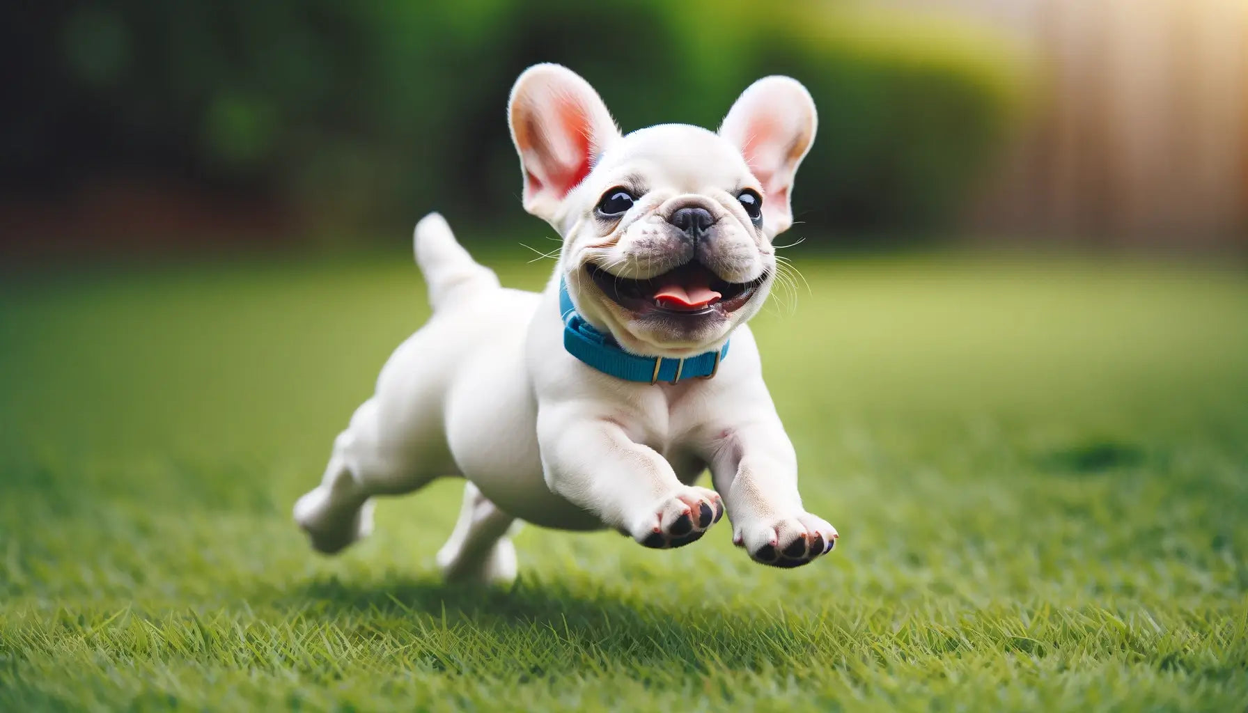 White French Bulldog puppy in mid-stride on grass, wearing a blue collar.