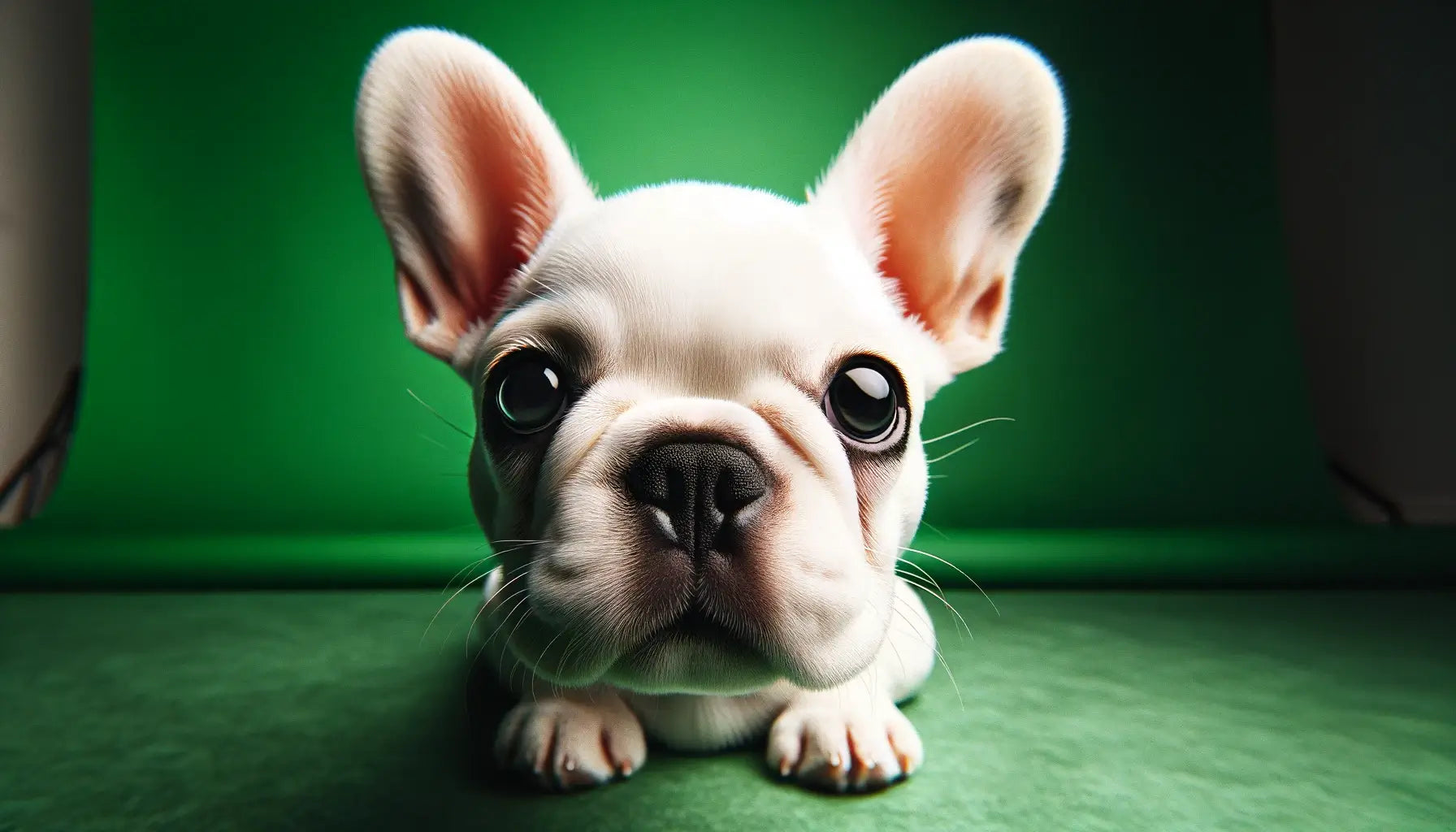 White French Bulldog puppy's face making direct eye contact with the camera.