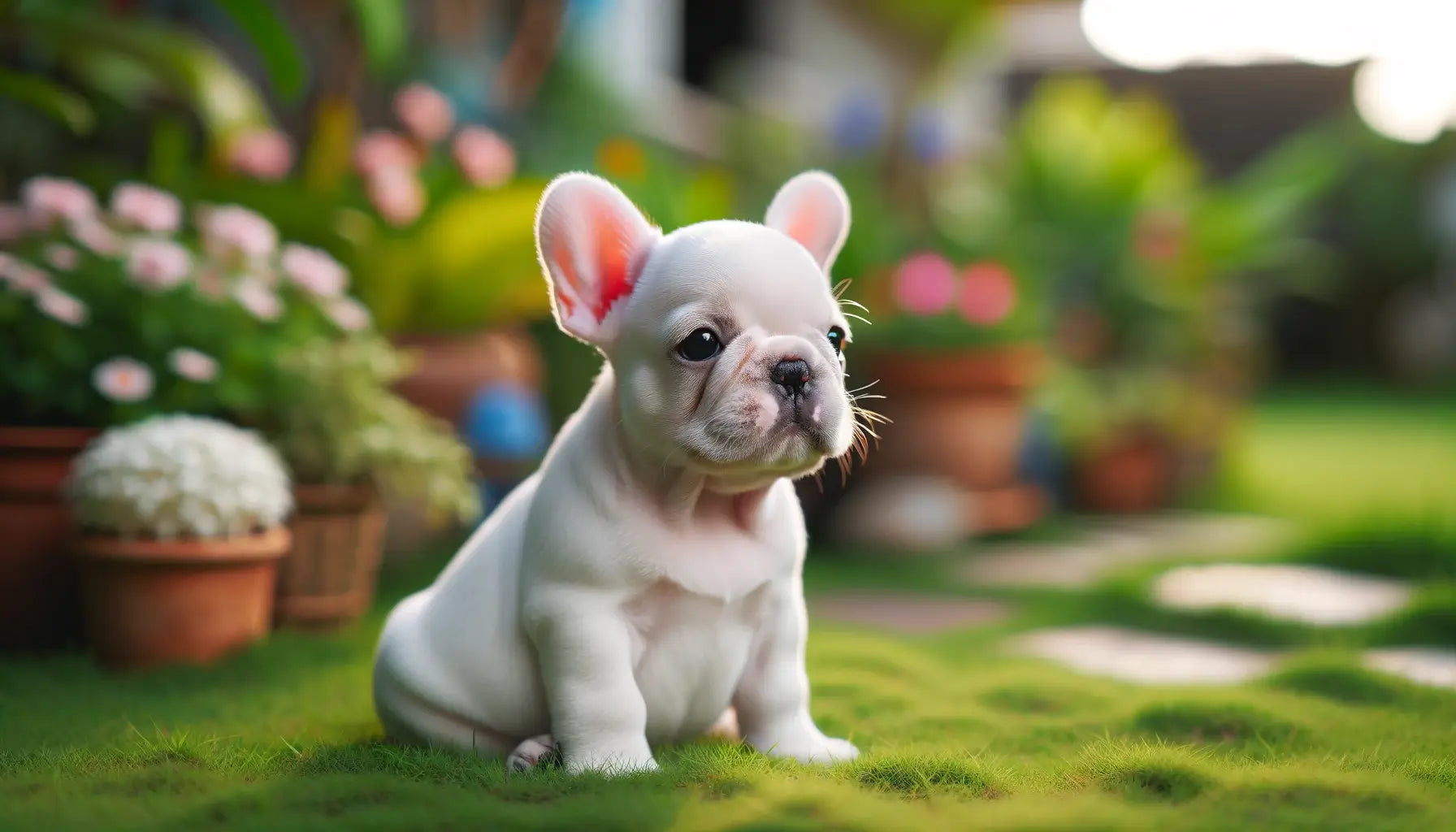 White French Bulldog puppy seated on grass, looking off to the side with an innocent and soft expression.