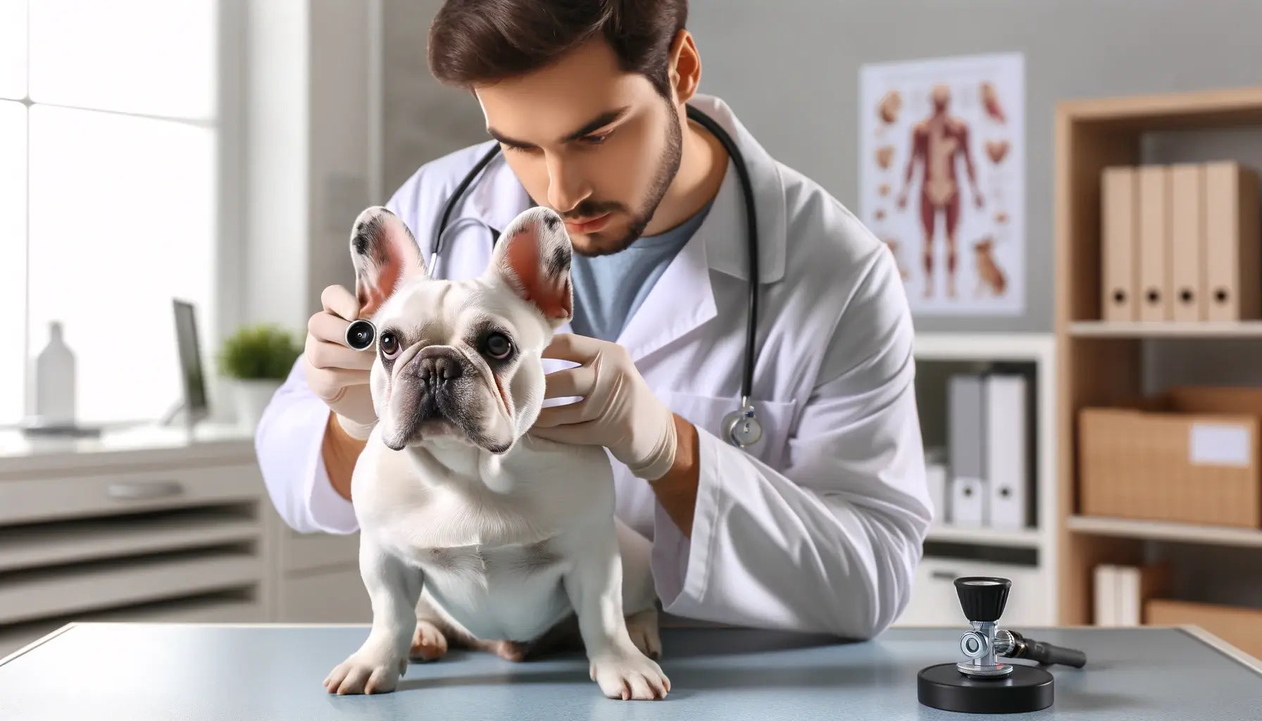 White French Bulldog receiving a comprehensive health examination by a veterinarian in a clinic.