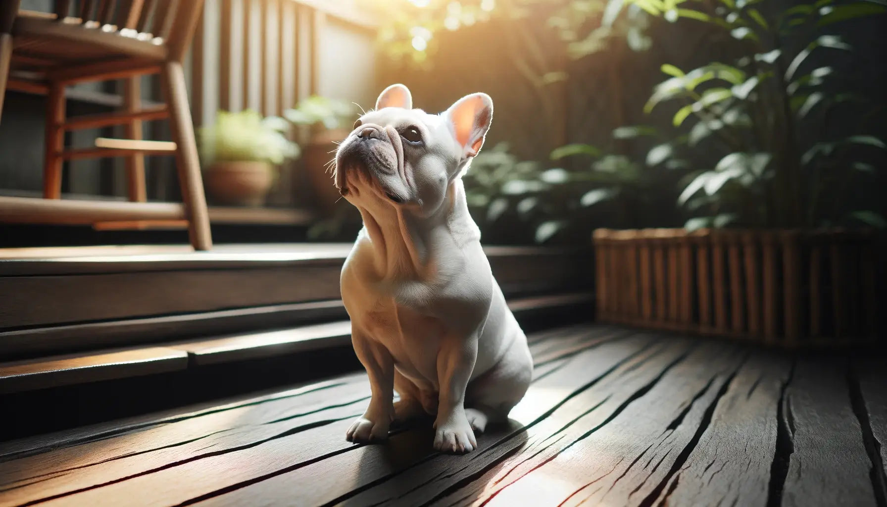 White French Bulldog seated on a wooden deck, looking upwards with a gentle and attentive expression.