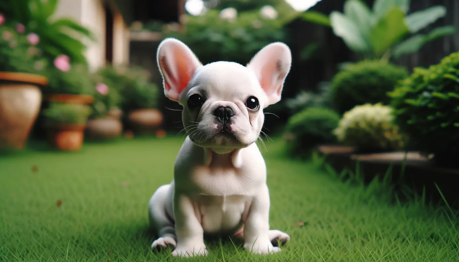 White French Bulldog seated on grass, head slightly tilted, embodying calm curiosity.