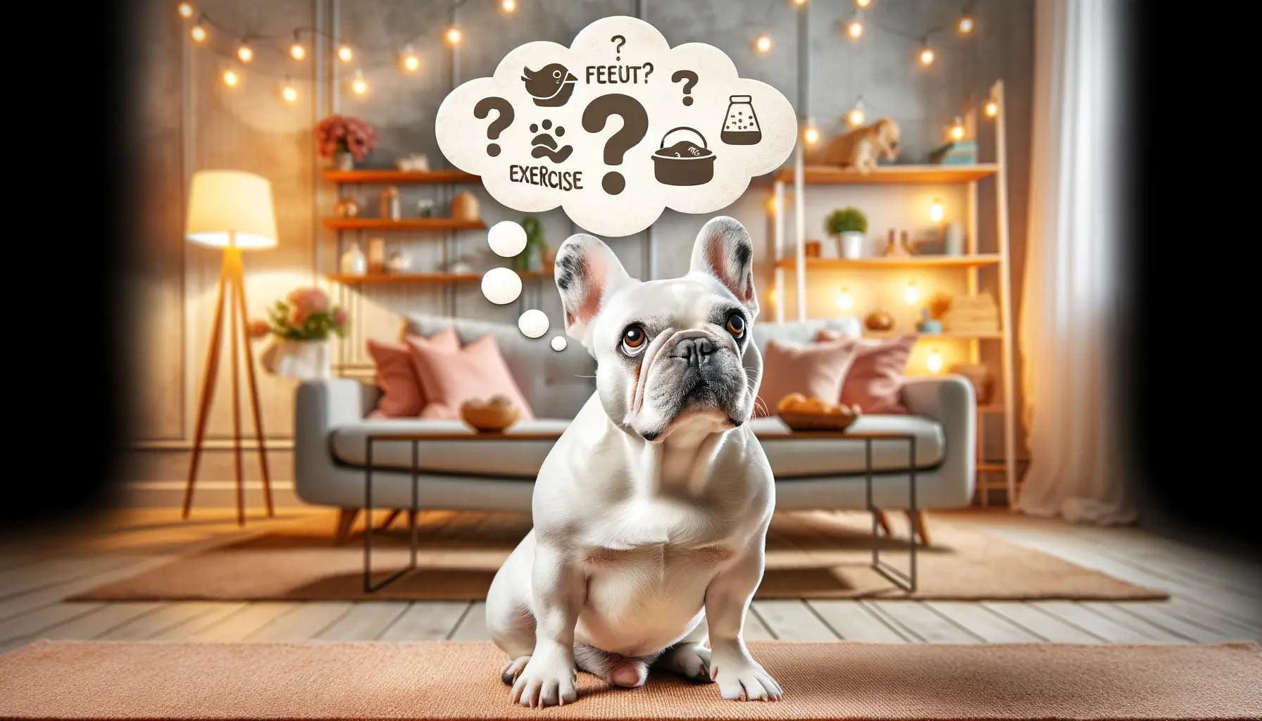 White French Bulldog with a thought bubble filled with common questions about the breed, sitting in a cozy home environment.