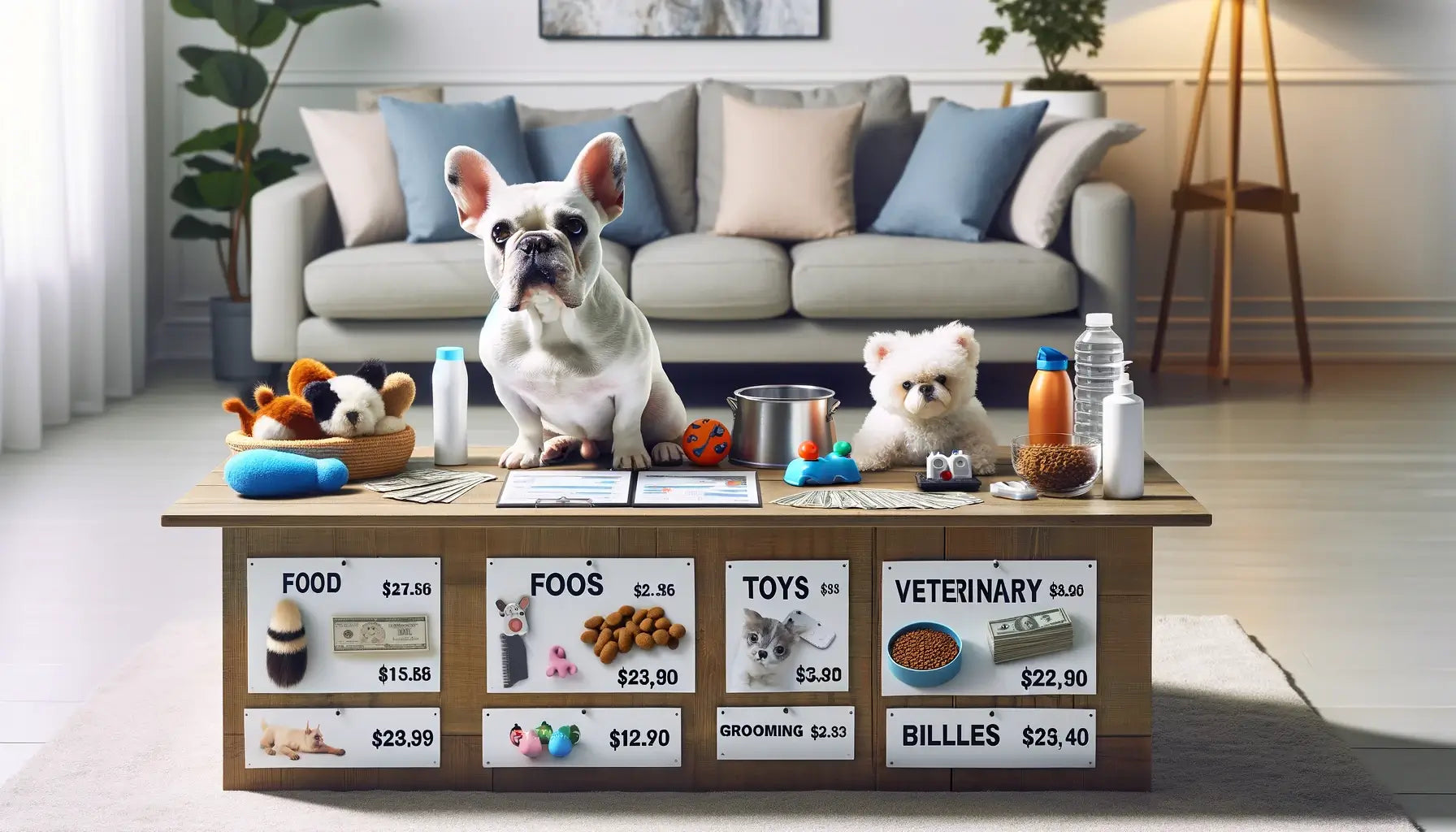White French Bulldog with the dog sitting next to a table displaying various expenses.