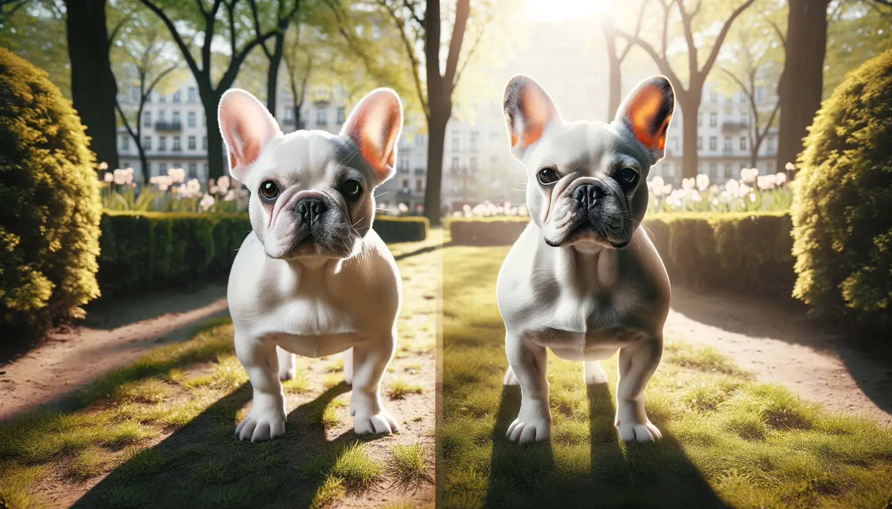 White French Bulldog male and female in a sunny park setting.
