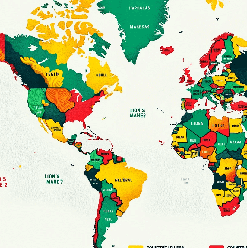 World Map Highlighting Countries Where Lions Mane Is Legal Restricted or Illegal
