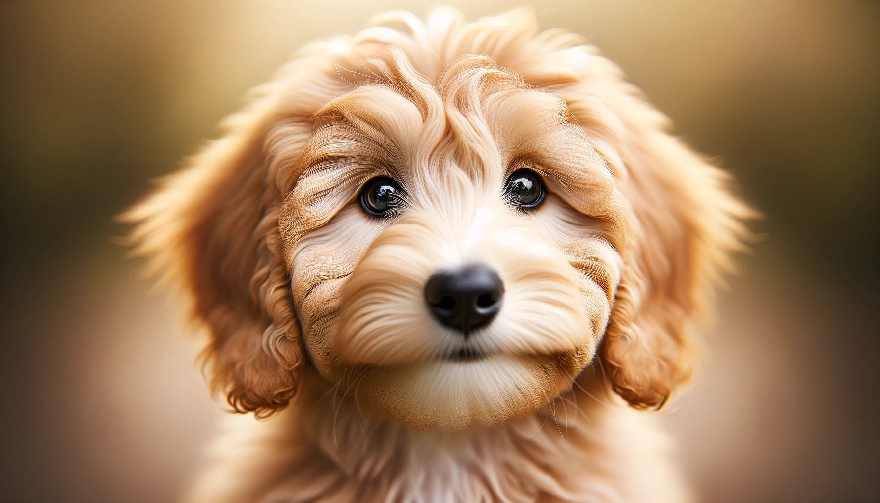 Mini Goldendoodle puppy showcasing its soft curly coat and big expressive eyes with a gentle smile that captures the breed's friendliness.