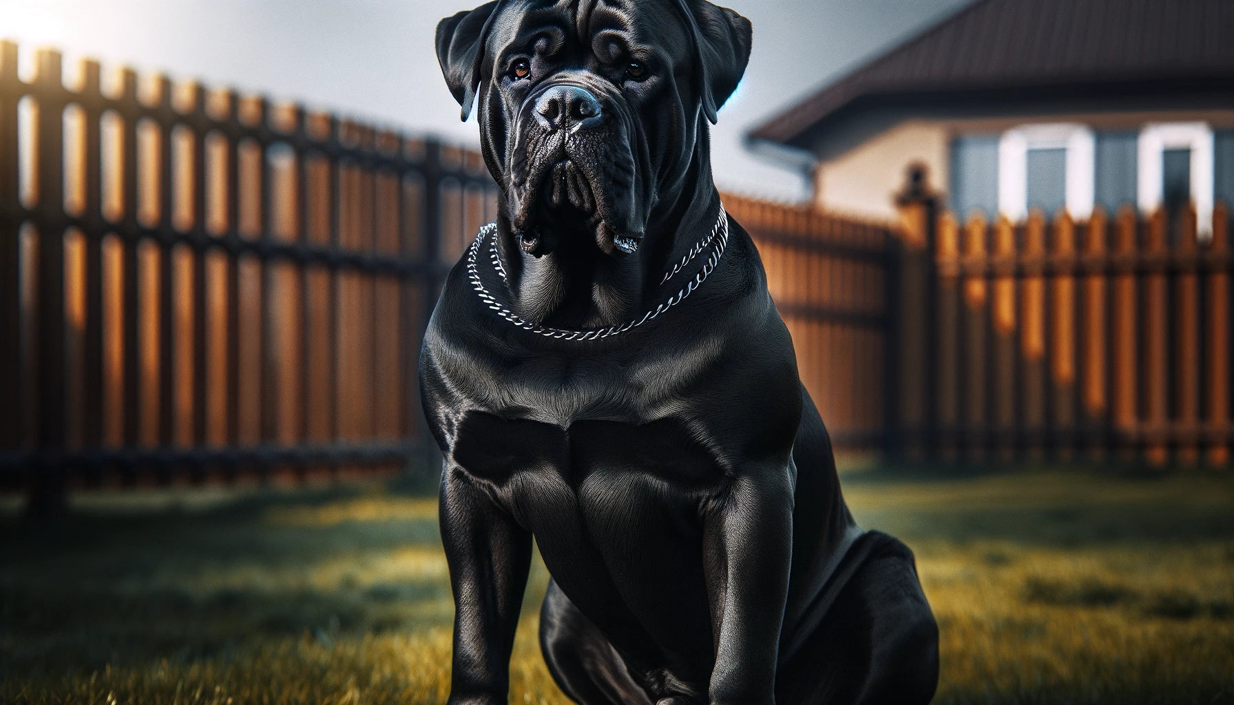 Black Cane Corso dog in a sitting position with its full body