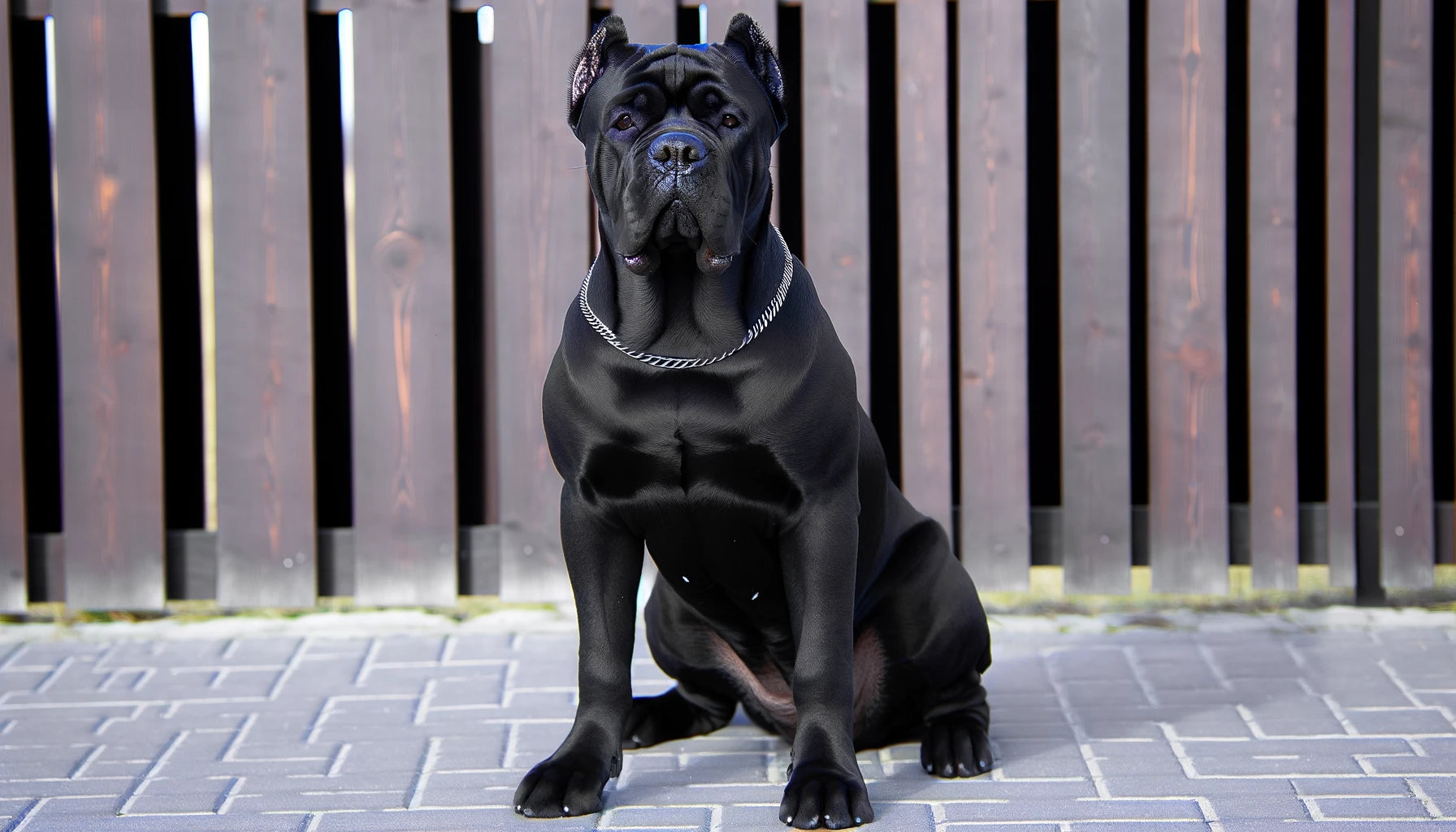 Black Cane Corso dog sitting in a dignified pose