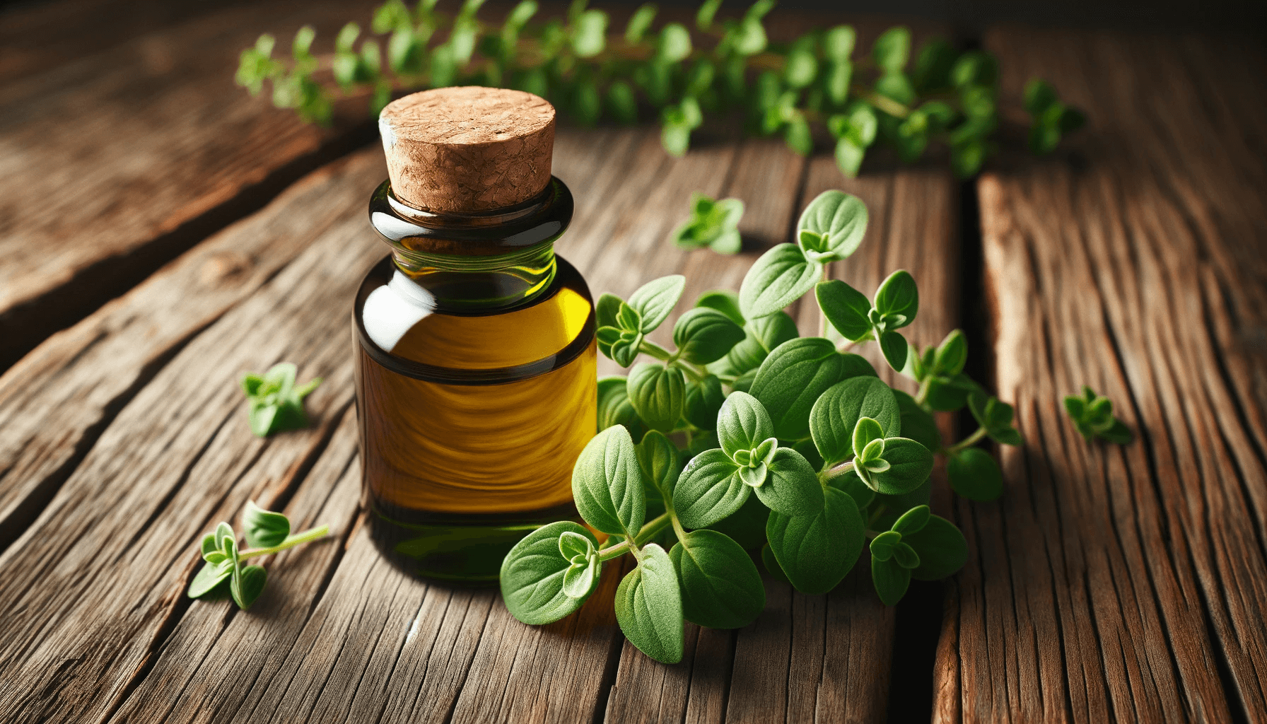 A bottle of oregano oil next to a bunch of fresh oregano leaves on a rustic wooden table.