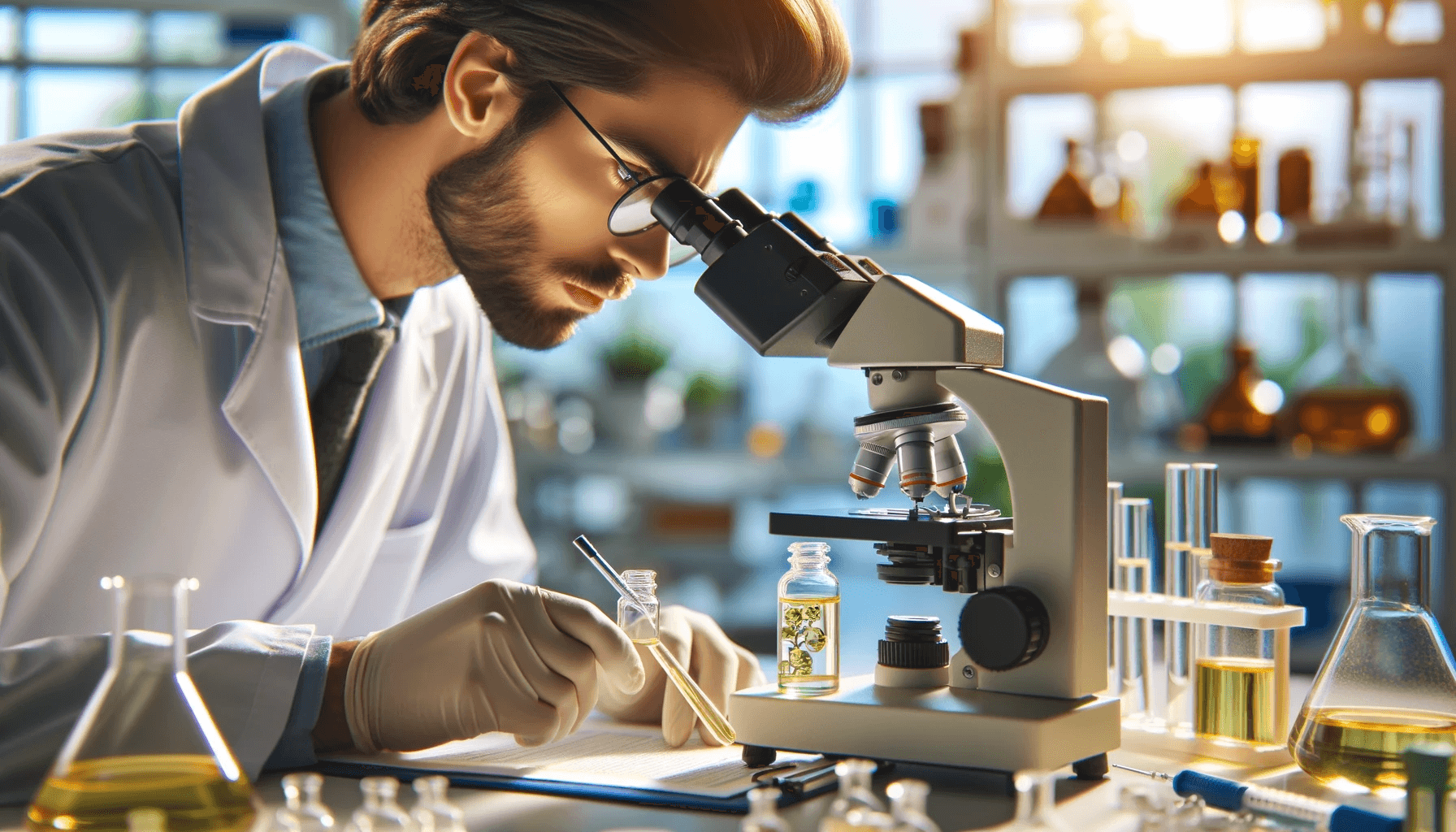 A laboratory setting with a scientist examining a vial of oregano oil under a microscope.