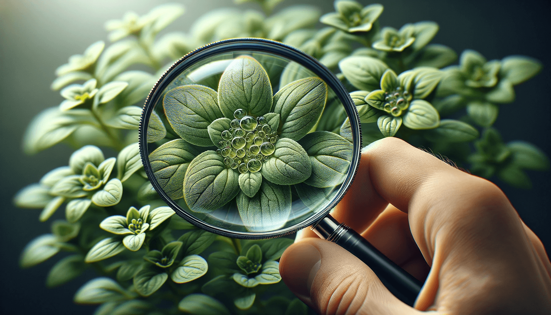 A magnifying glass focusing on a cluster of oregano leaves. Through the lens of the magnifying glass, a detailed and enlarged view.