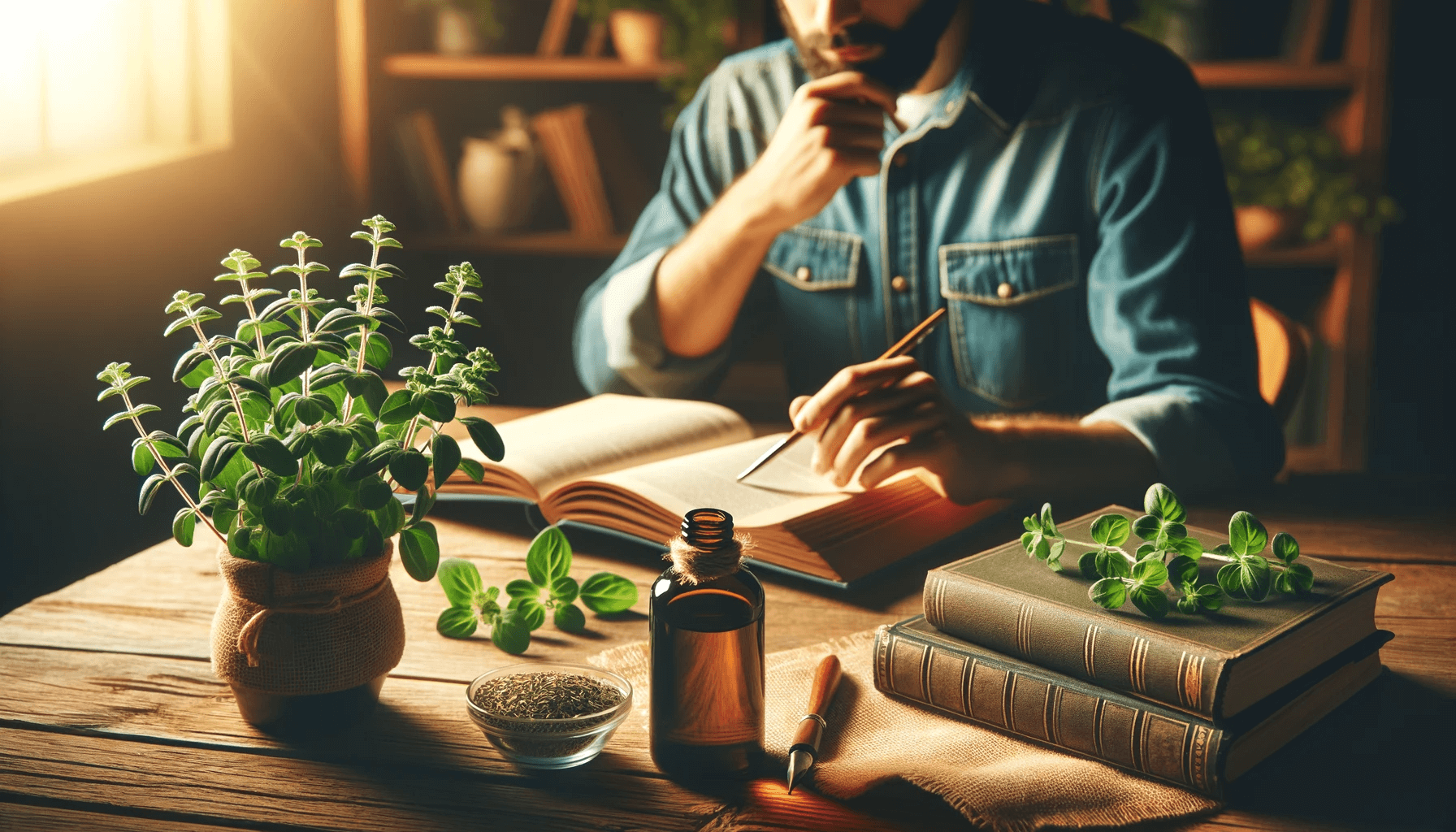 A person consulting a book on herbal remedies with a focus on oregano oil. The person is depicted in a thoughtful pose reading.