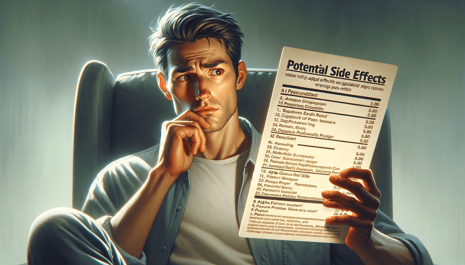 A person looking concerned while reading a list of potential side effects of Alpha GPC.