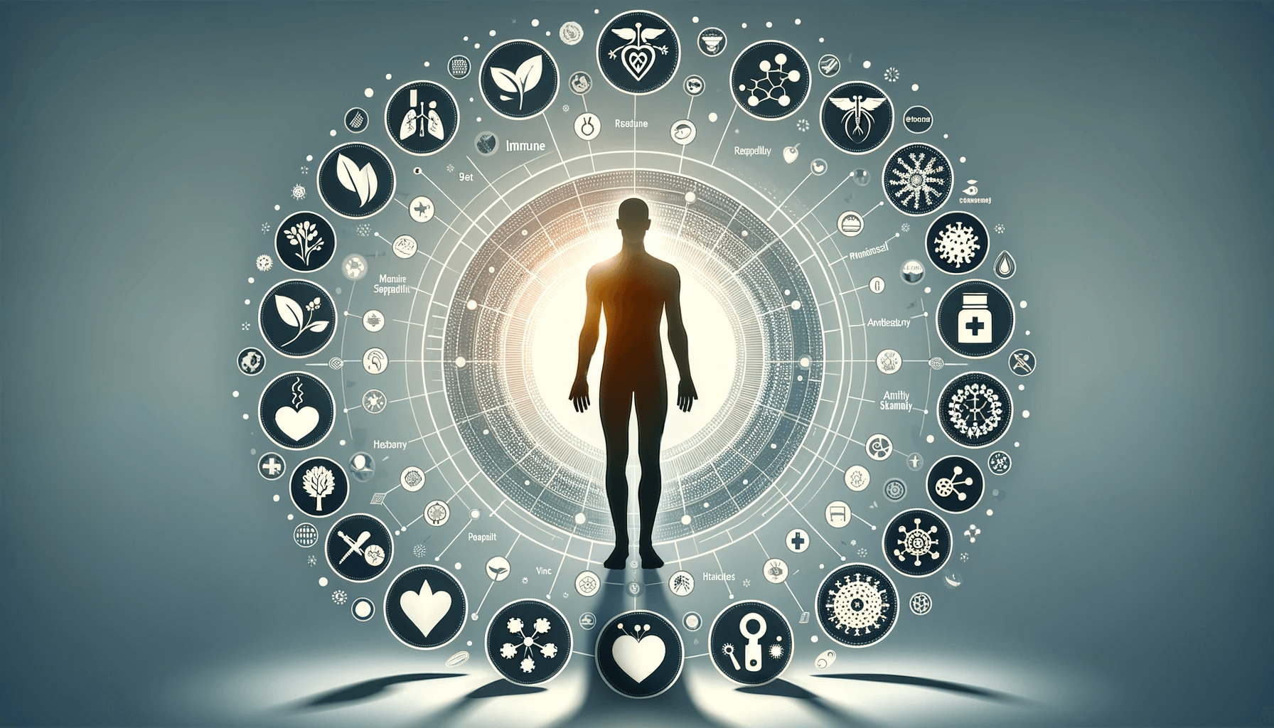 A silhouette of a healthy human surrounded by various icons that represent the different health benefits of oregano oil.