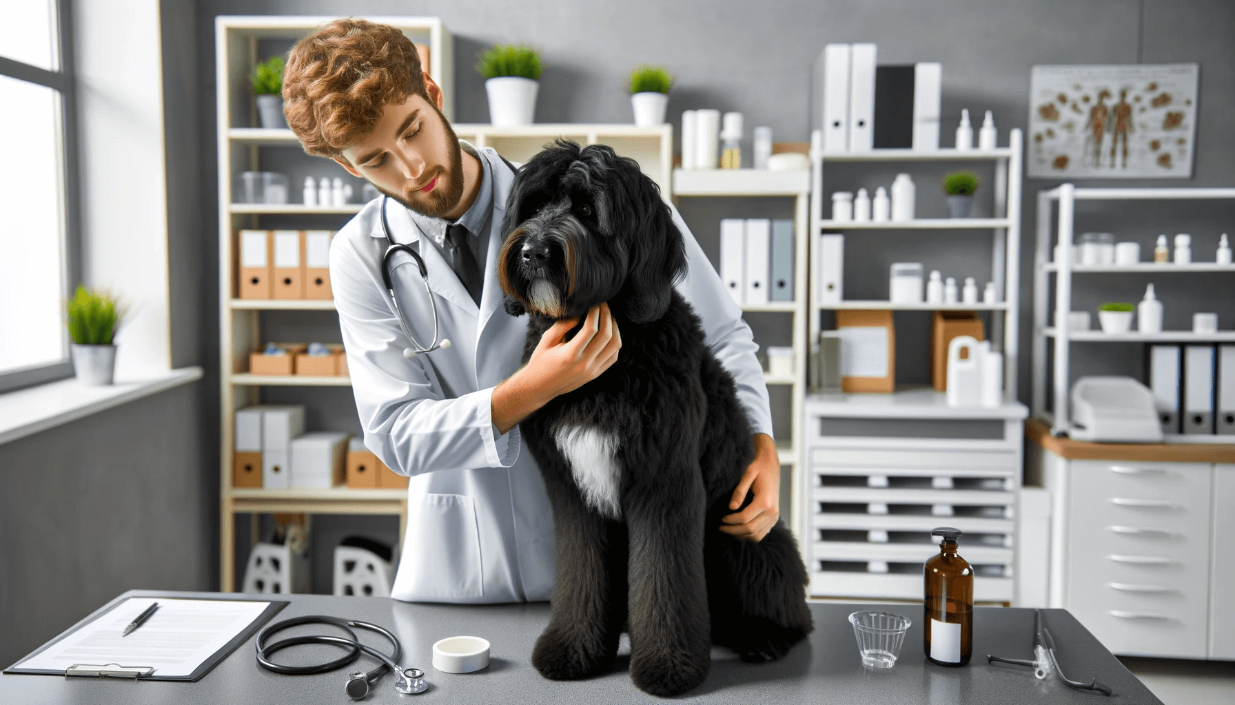 Black Aussiedoodle at the veterinarian's office for a health check, where the vet is examining its ears, eyes, and teeth in a clinical setting