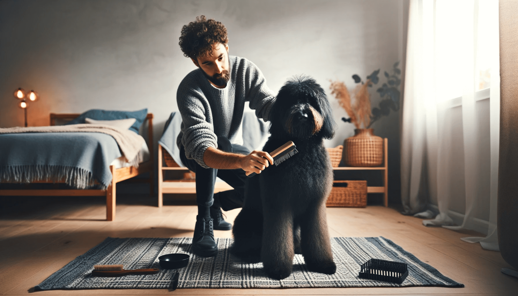 Black Aussiedoodle being groomed by its owner at home, showcasing the moment the owner brushes the dog's curly black coat