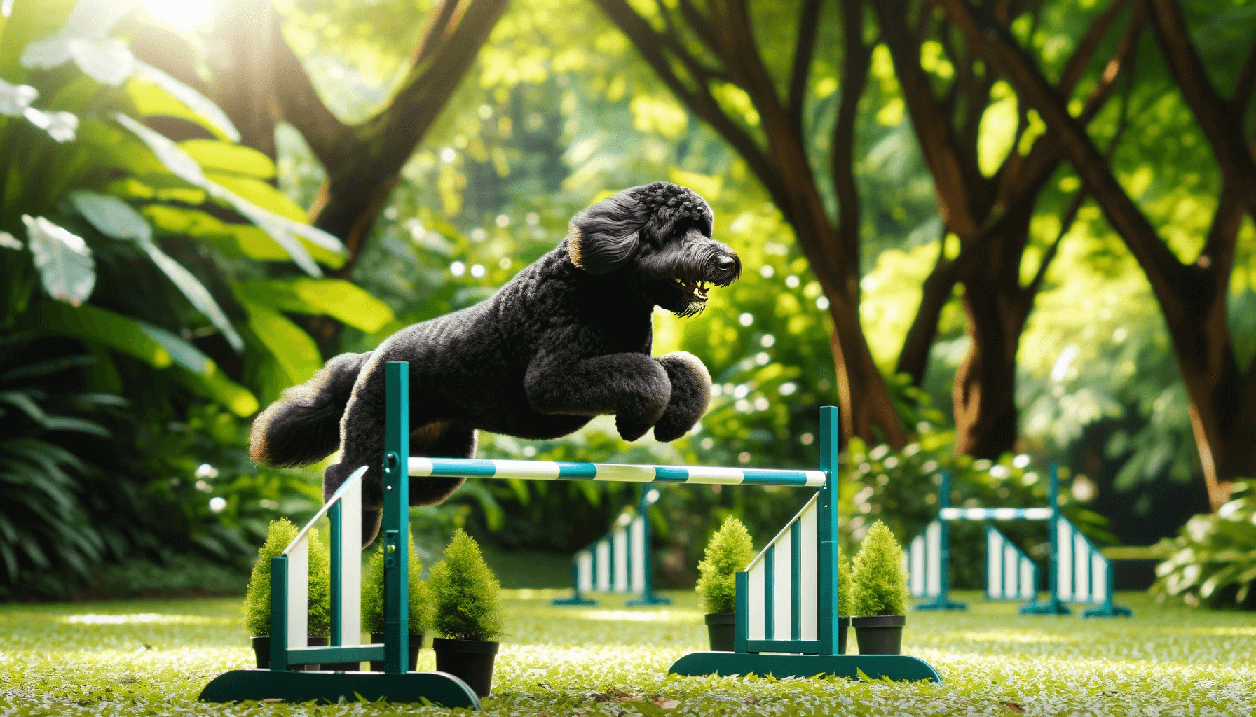 Black Aussiedoodle engaged in agility training, leaping over a hurdle in a lush park