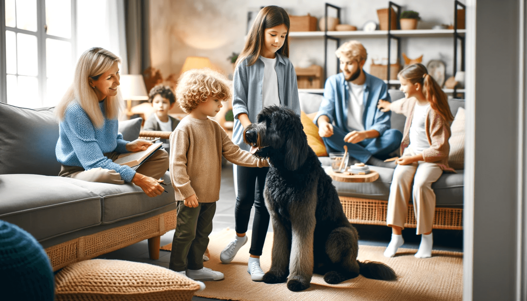 Black Aussiedoodle in a family environment interacting with both children and adults in a cozy living room