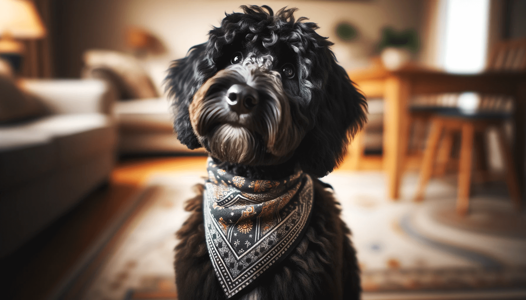 Black Aussiedoodle indoors, looking up with a cute head tilt, wearing a patterned bandana.