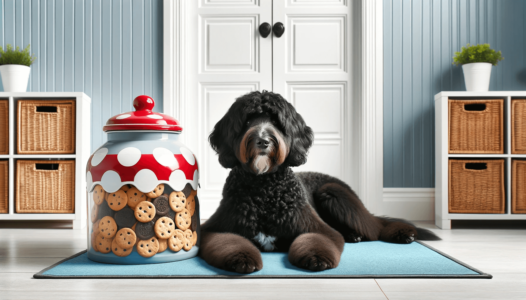 Black Aussiedoodle lying down next to a large red and white cookie jar on a blue mat against a backdrop of white doors