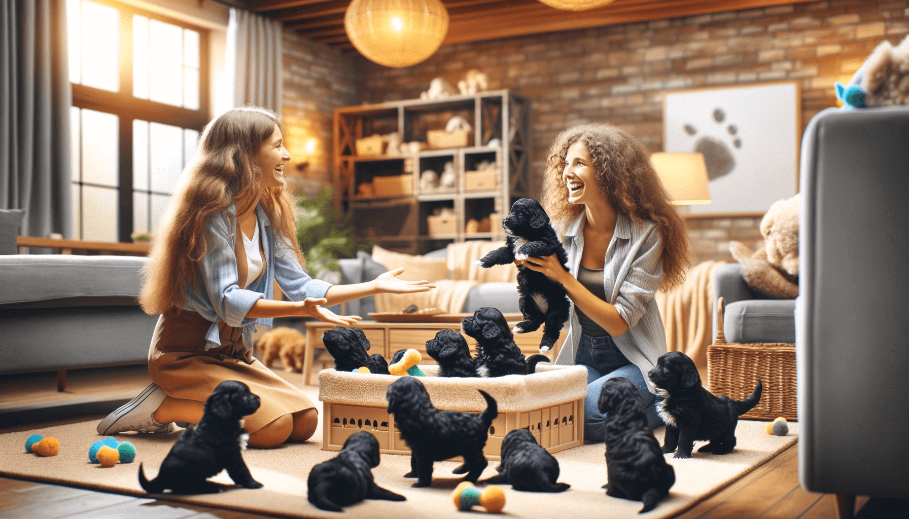 Black Aussiedoodle puppies to prospective owners in a warm and welcoming environment