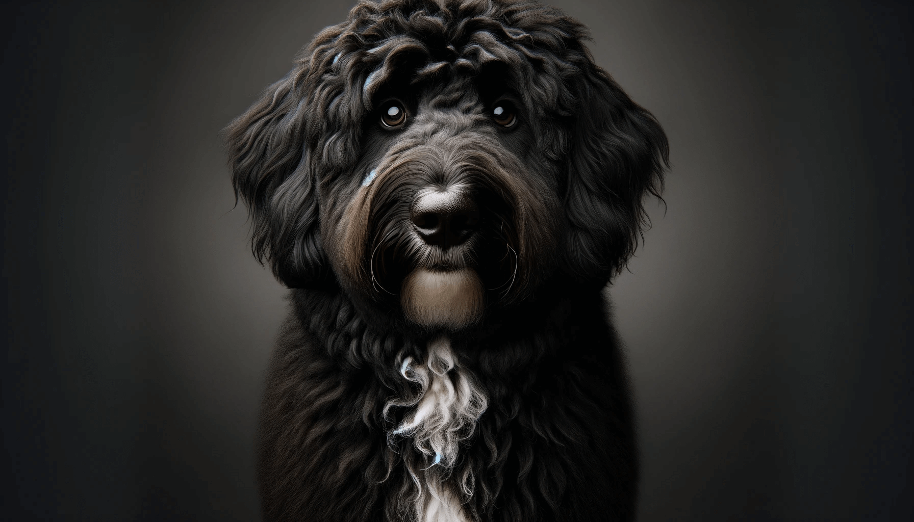 Black Aussiedoodle standing and looking directly at the camera, its coat fluffy and black with a slight wave to the fur