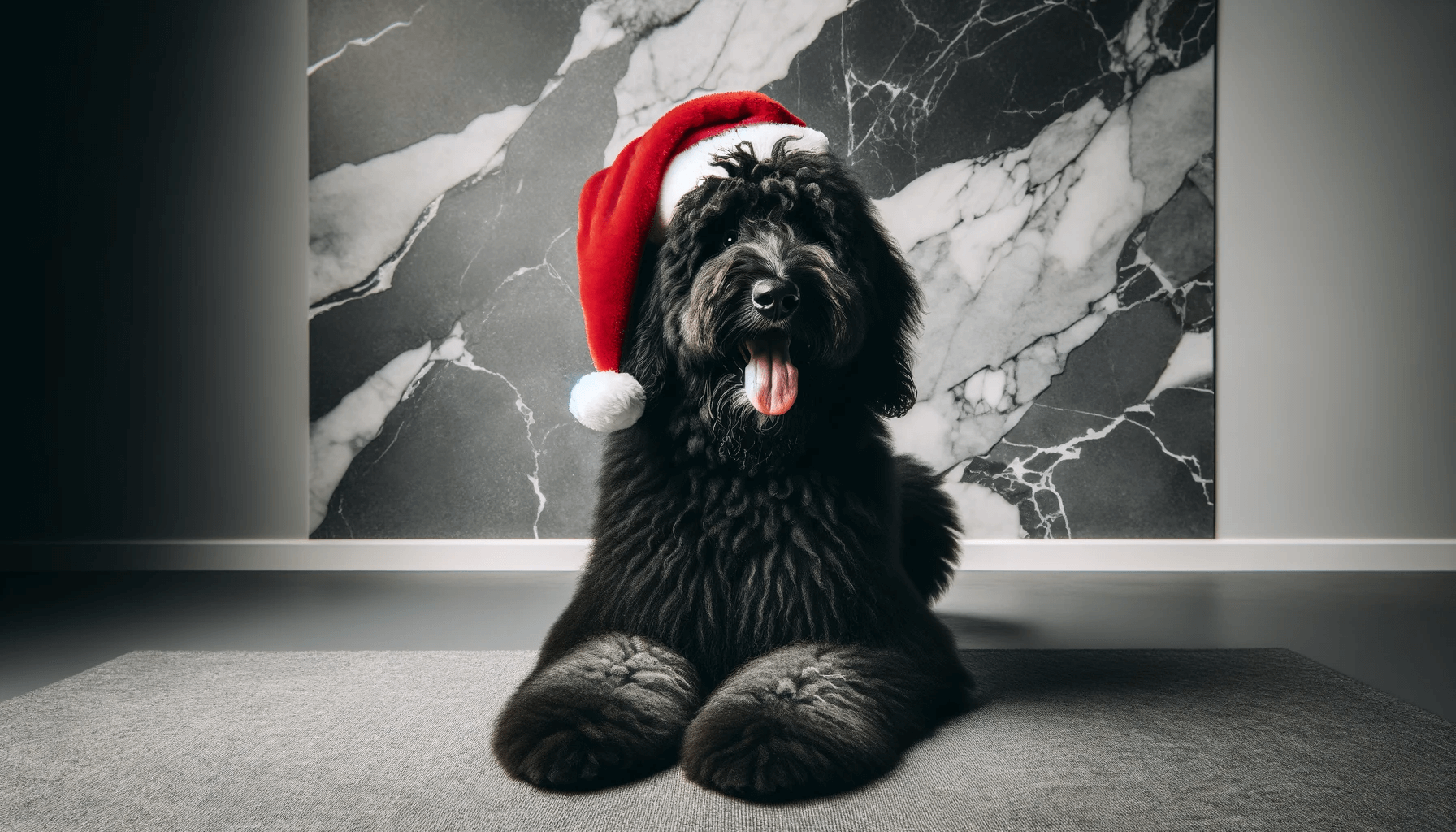 Black Aussiedoodle wearing a Santa hat sitting on a grey carpet against a marble-like wall depicting a festive scene