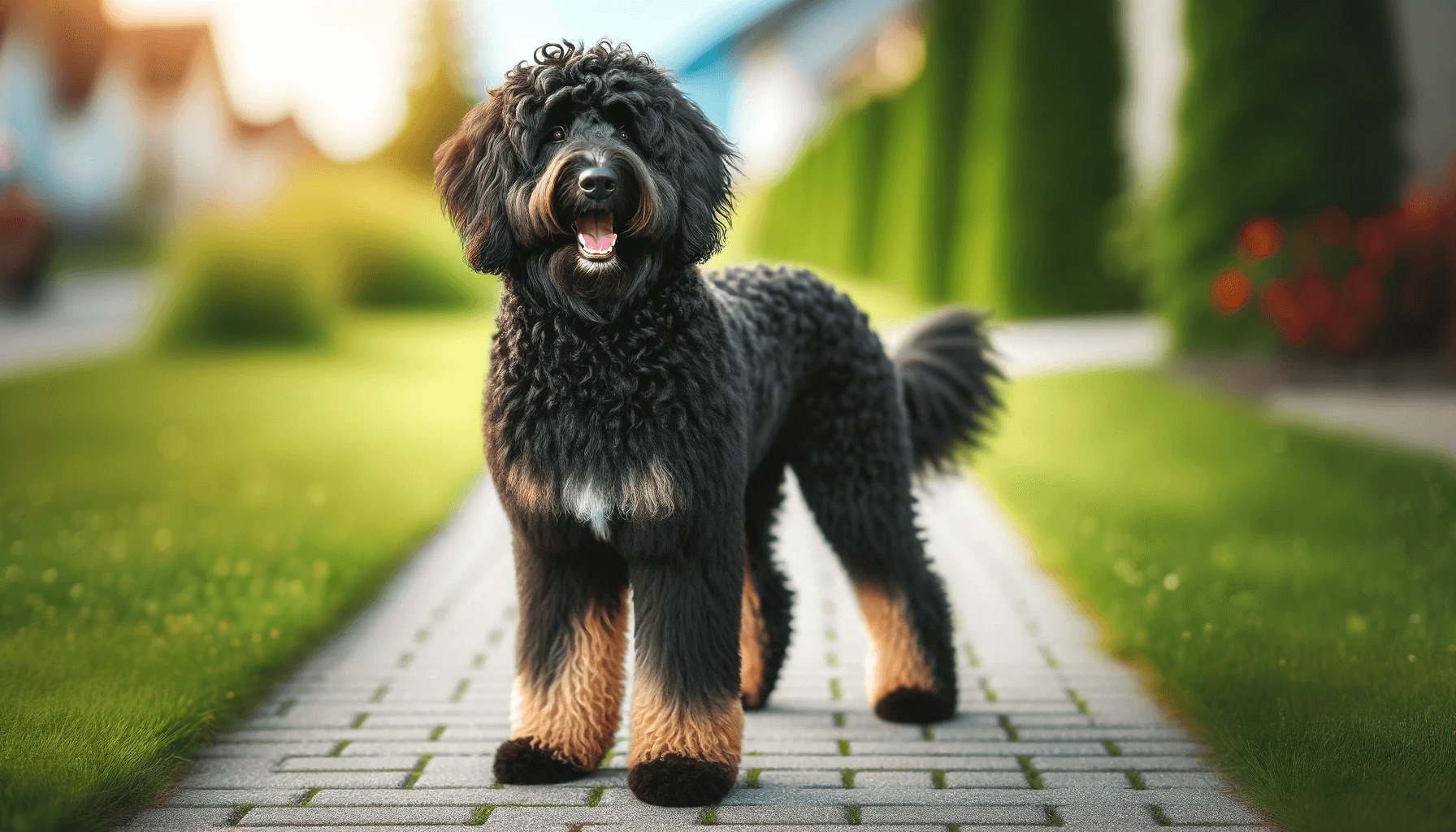 Black Aussiedoodle with a curly black coat standing on a sidewalk with a blurred grassy background, looking alert and happy