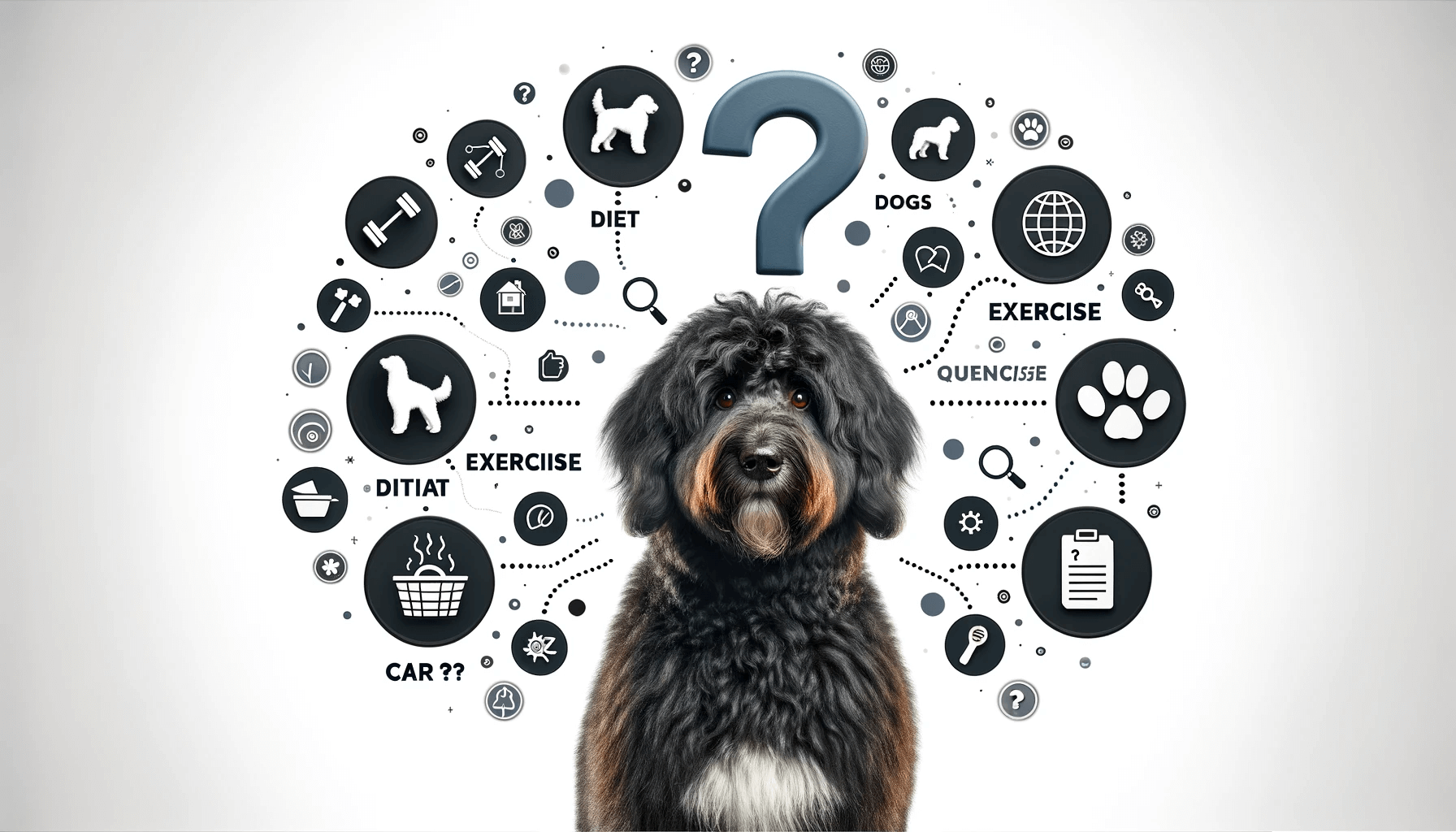 Black Aussiedoodle with a question mark overhead, representing common inquiries about the breed.