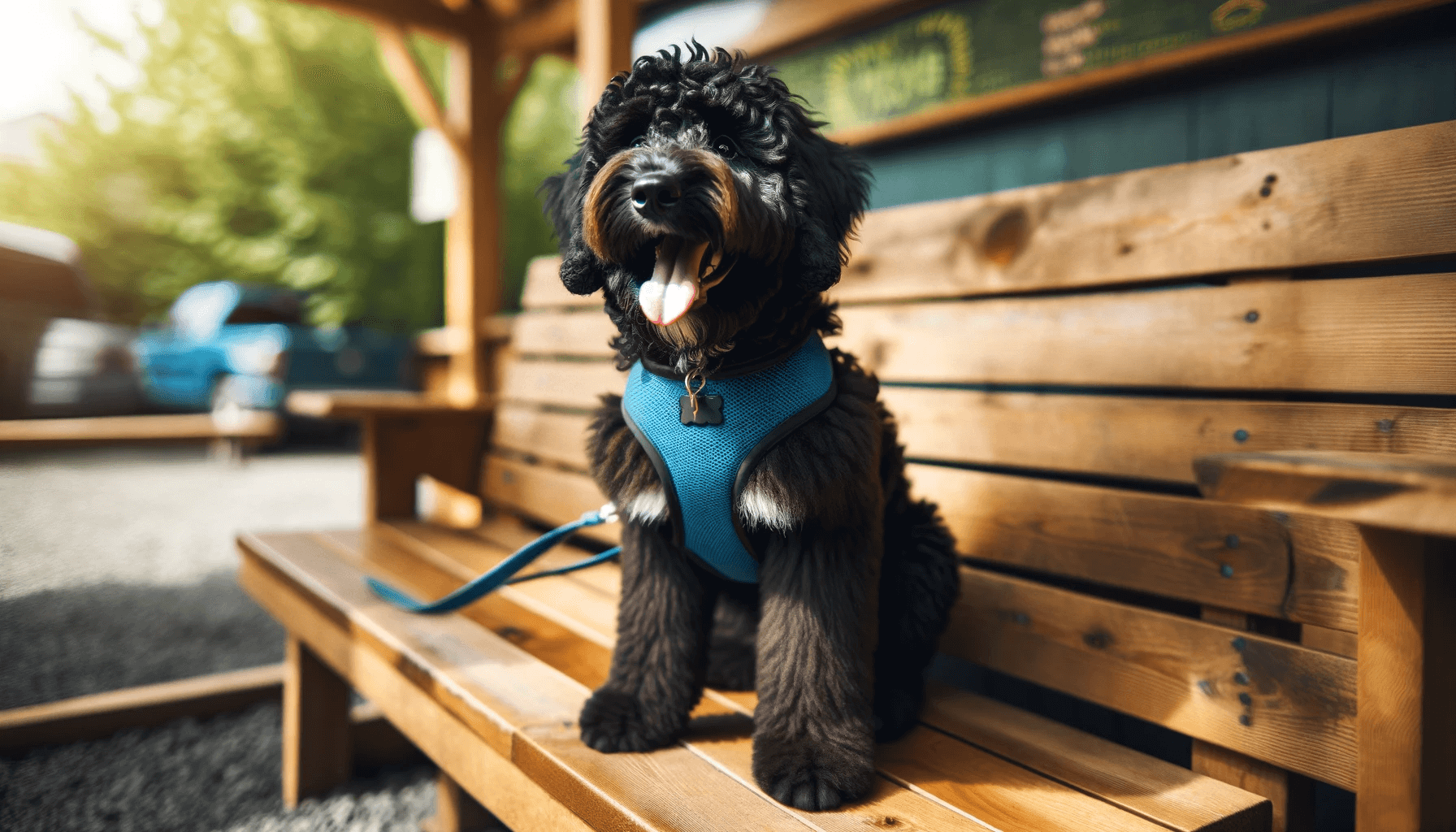 Black Aussiedoodle with a shiny black coat seated on a wooden bench wearing a blue harness