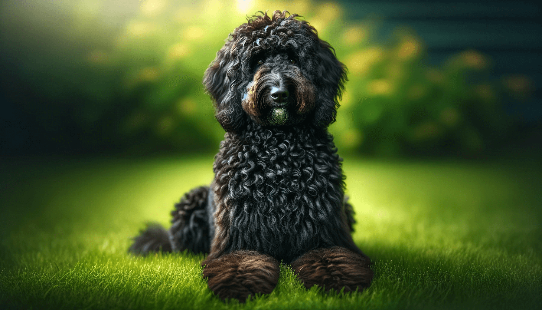 Black Aussiedoodle with a tight-curled rich black coat sitting on grass exuding a playful and attentive attitude