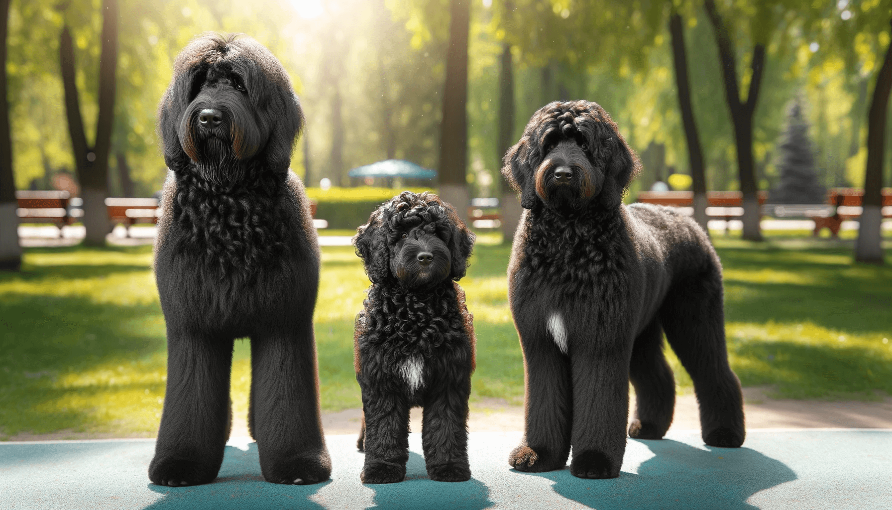 Black Aussiedoodles female and male side by side in a sunny park with the male's robust stature slightly larger and the female more petite