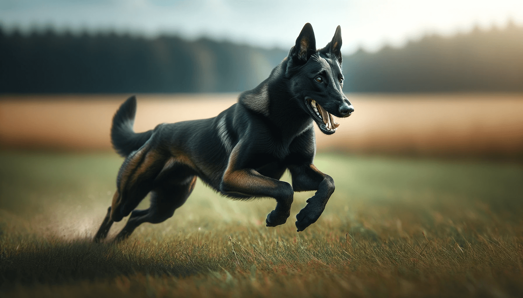 Rare Black Belgian Malinois running across a grassy field with a focused expression, showcasing the breed's athleticism.