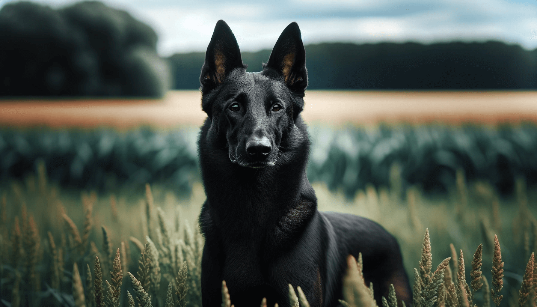 Rare Black Belgian Malinois standing alert in a field with its body in profile and head turned towards the camera, showing the breed's attentive nature.