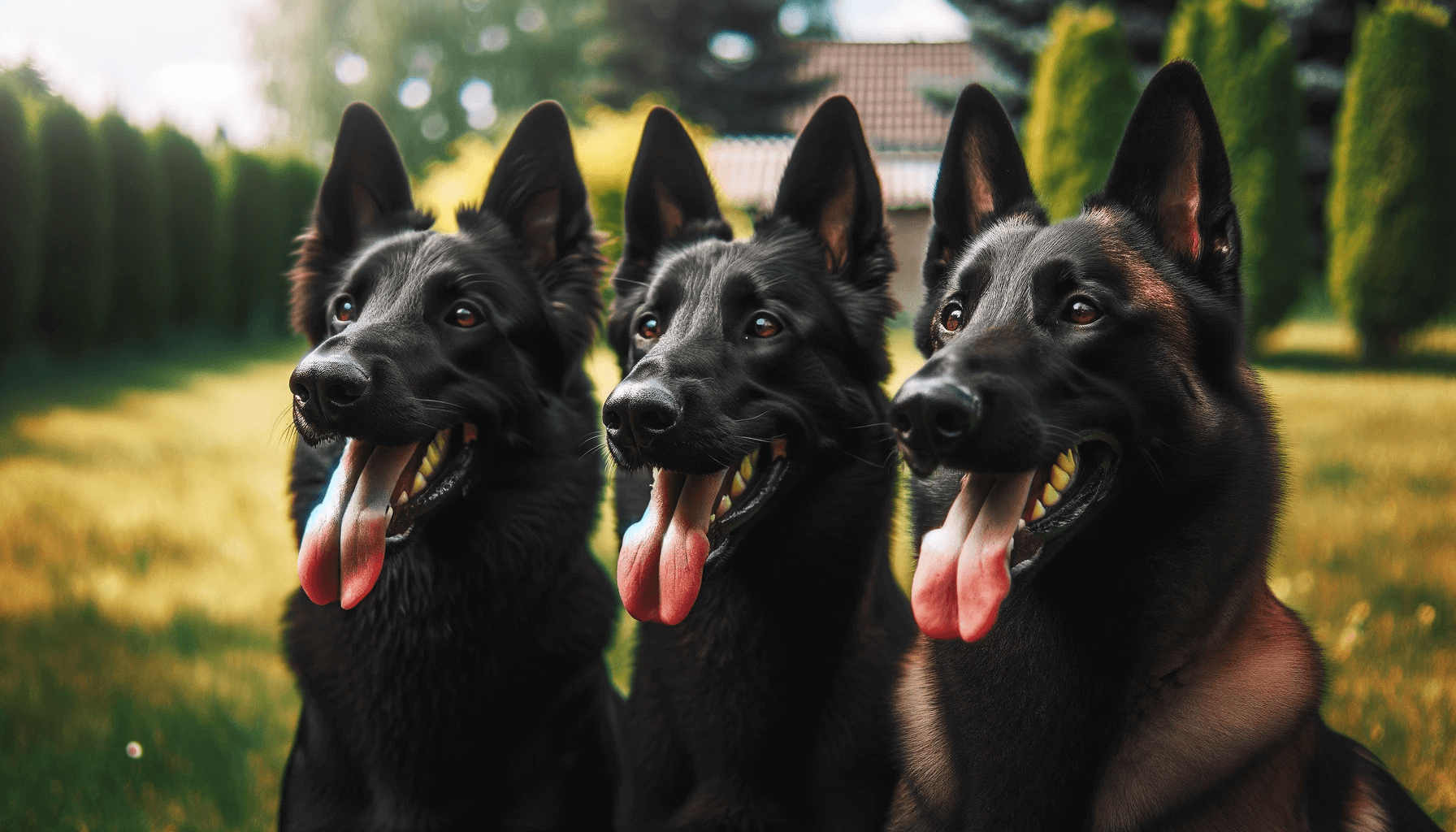 Rare Black Belgian Malinois standing side by side on grass, both with their tongues out and looking towards the right side of the frame.