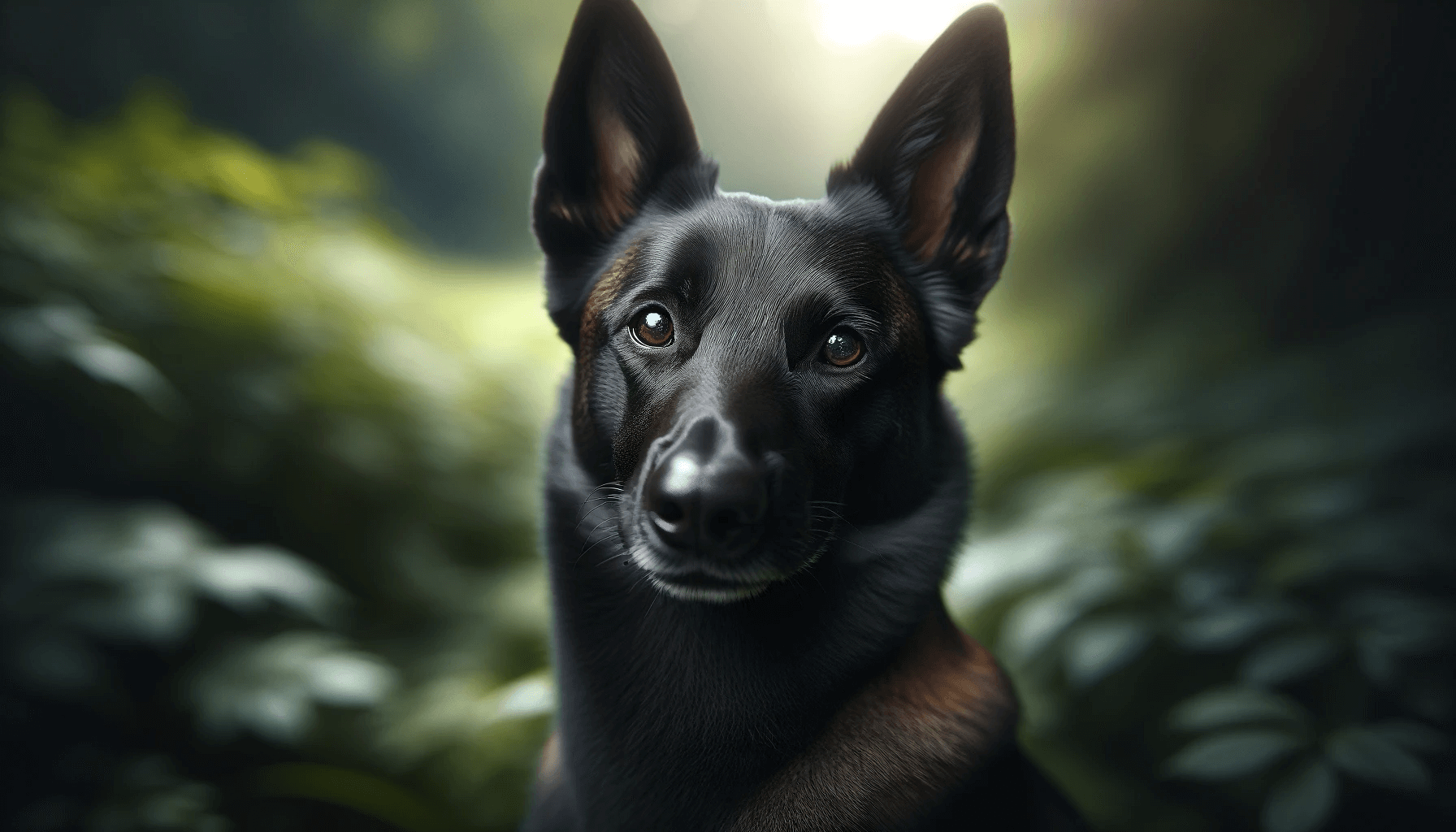 Rare Black Belgian Malinois with a shiny coat and alert expression sitting in a natural setting with diffused lighting.