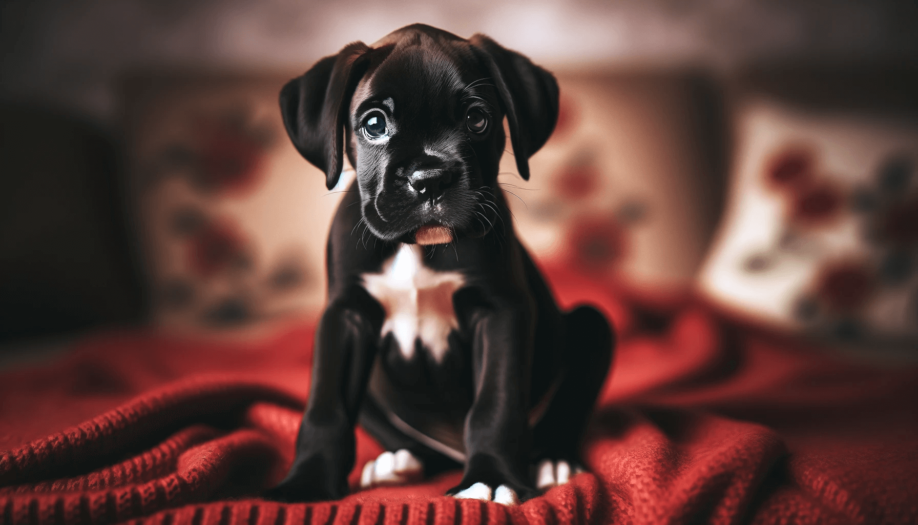 Charming Black Boxador (Boxer Lab Mix) puppy with a white chest sitting on a red blanket, exuding charm with its puppy-eyed look.