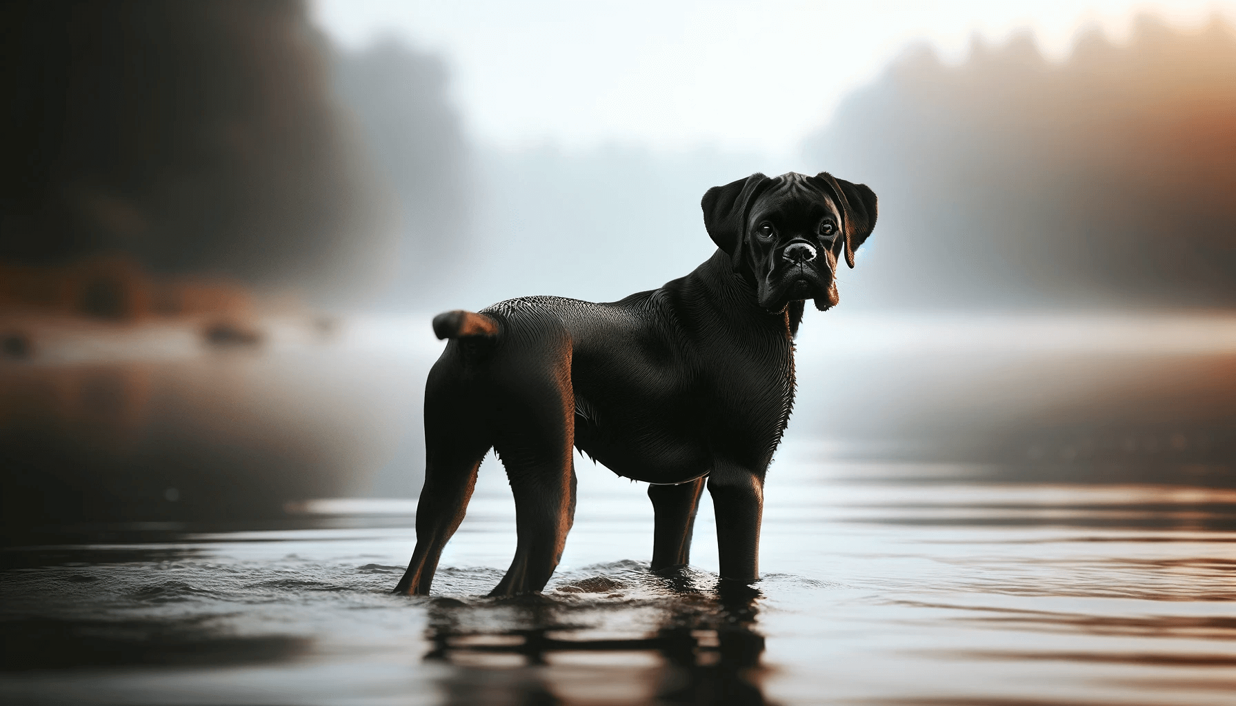Elegant Black Boxador (Boxer Lab Mix) standing in shallow water, looking back with a composed and attentive expression.