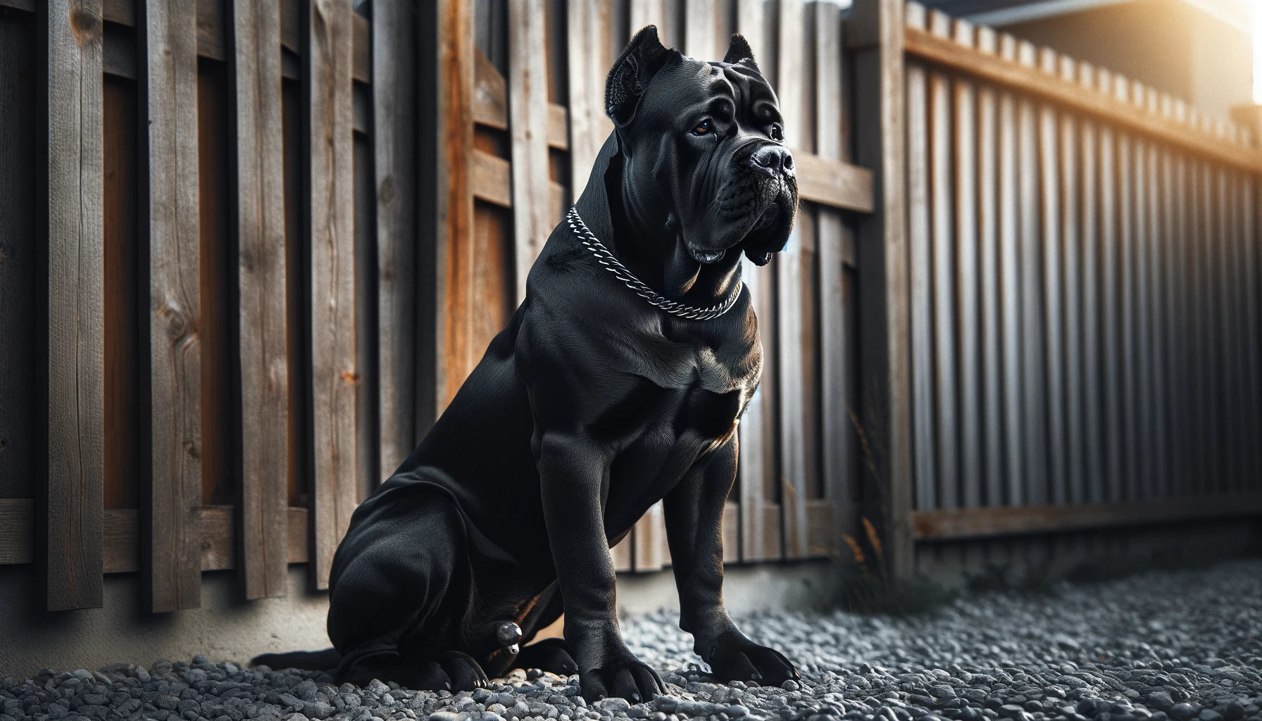 Black Cane Corso dog sitting attentively in front of a wooden fence