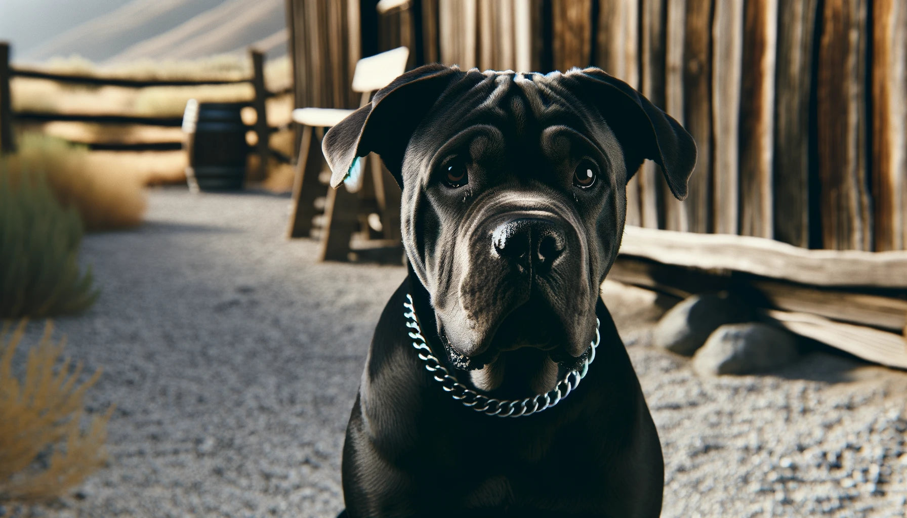 Black Cane Corso dog sitting in front of a wooden fence