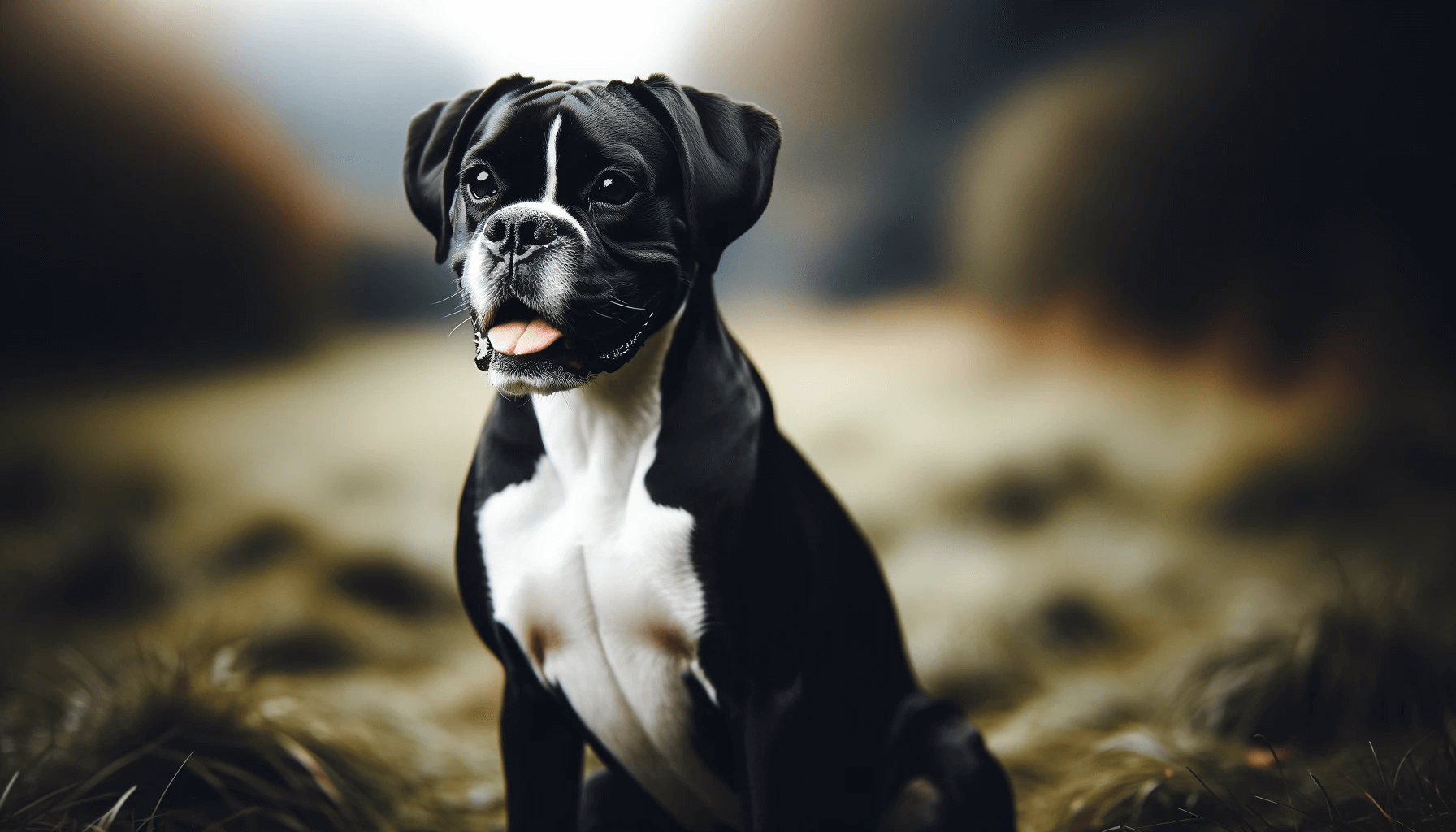 Happy Black and White Boxador (Boxer Lab Mix) seated on grass, looking off into the distance with a happy and relaxed demeanor