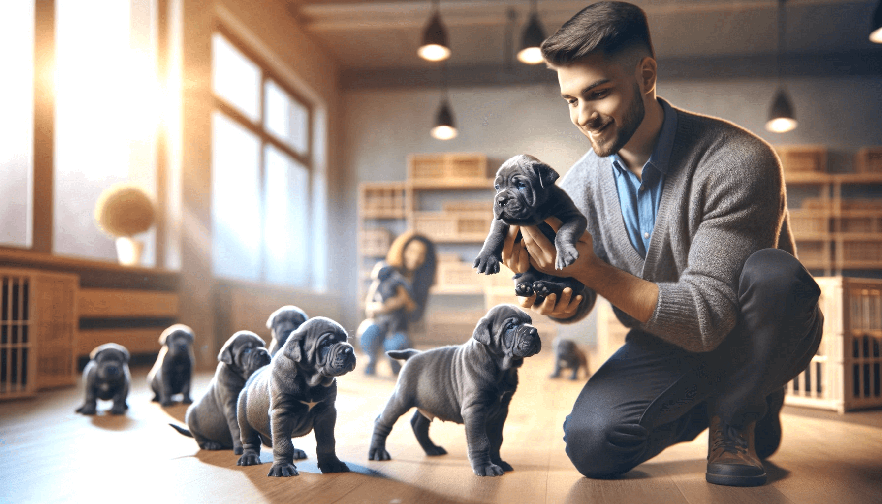 Breeder Presenting a Litter of Blue Cane Corso Puppies to a Potential Owner