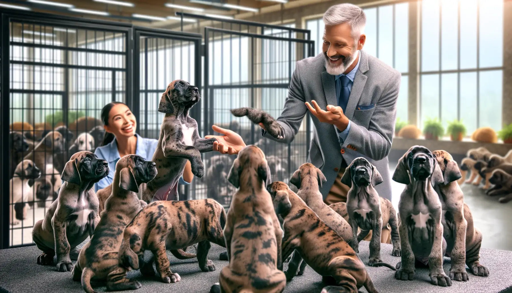 A breeder presenting a litter of Brindle Great Dane puppies to a potential owner in a breeding facility.