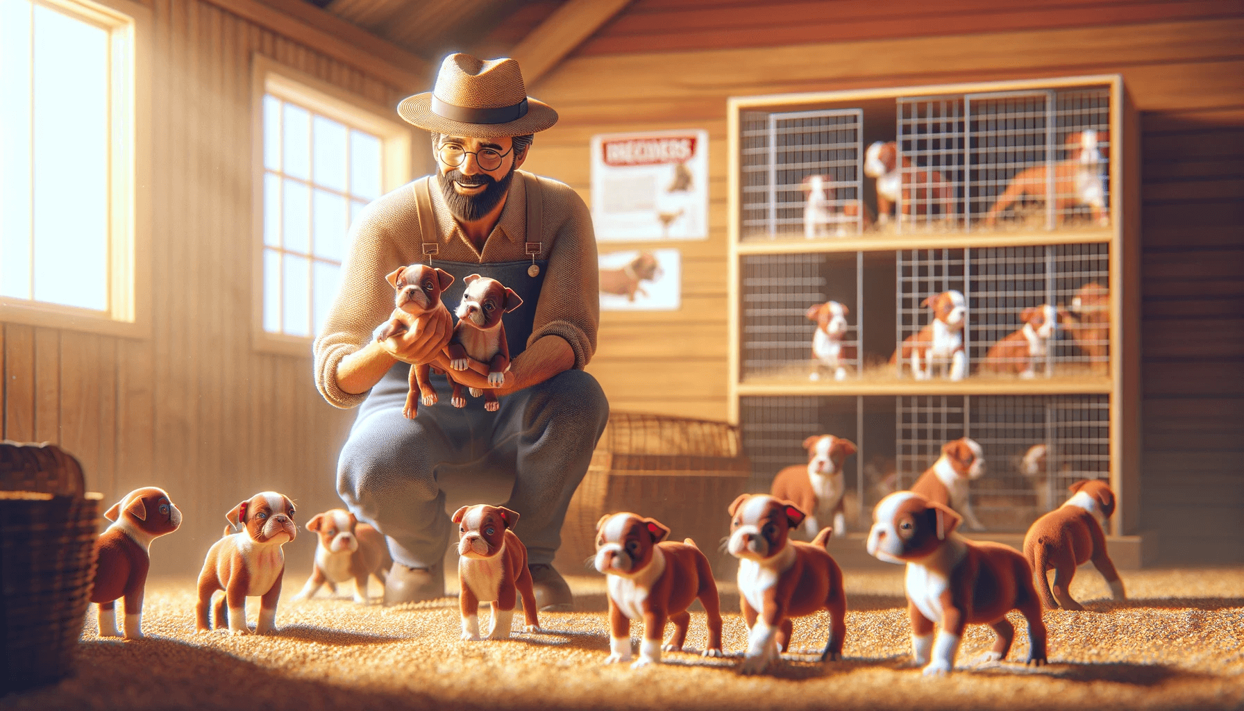 Breeder Presenting a Litter of Red Boston Terrier Puppies to a Potential Owner