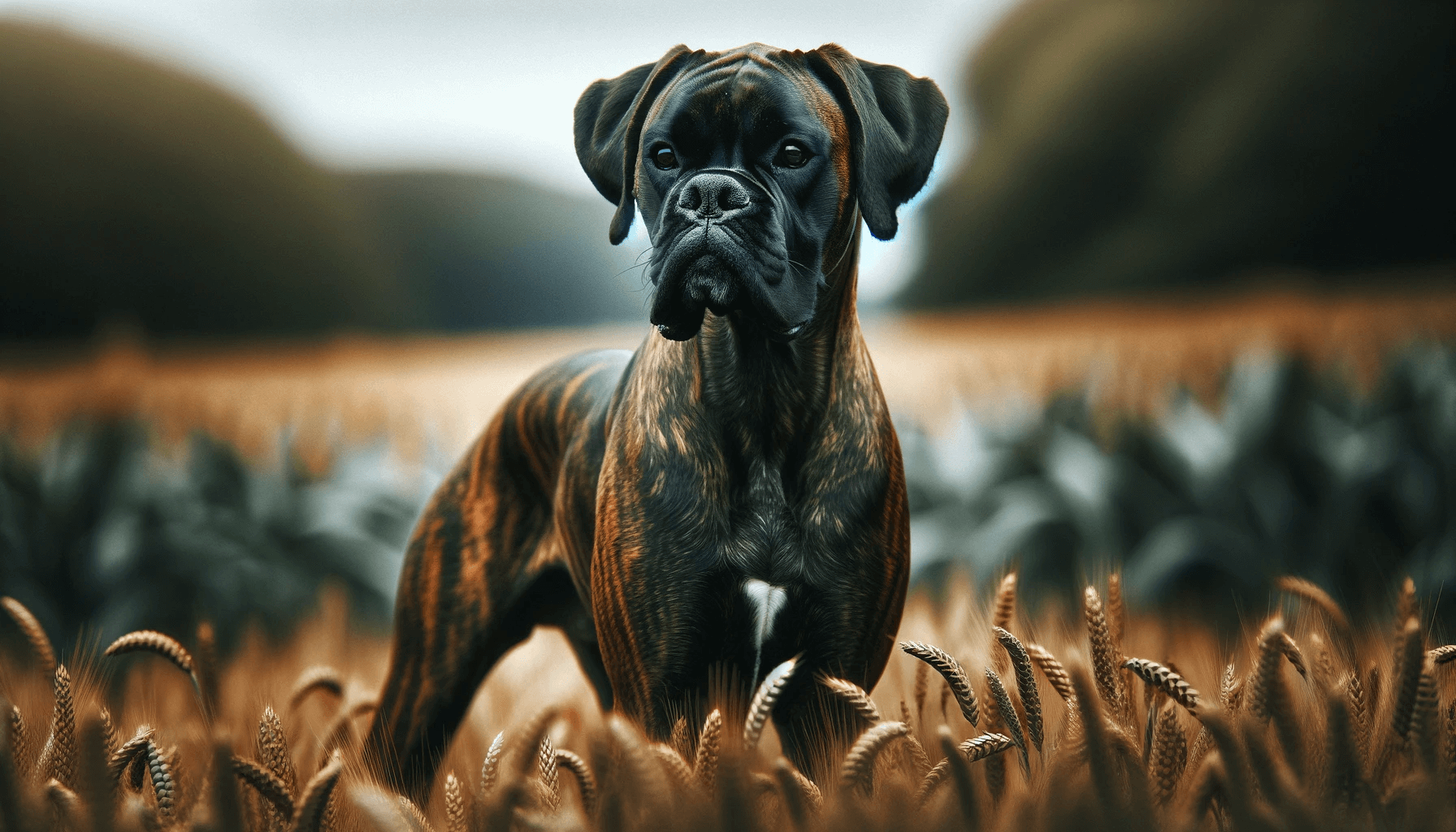 Brindle Boxador (Boxer Lab Mix) standing in a field with a distinctive coat pattern, its posture alert and attentive.
